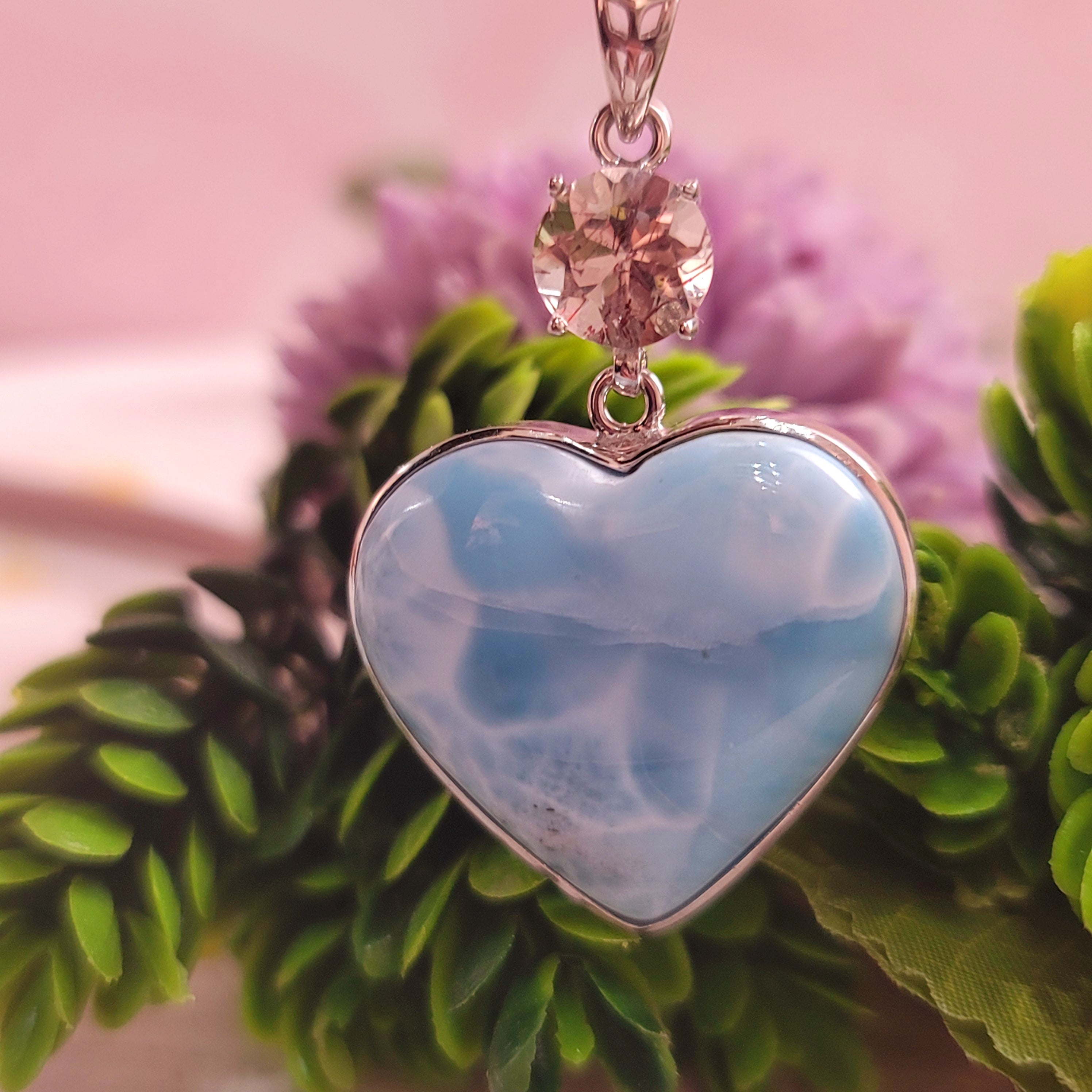 Larimar Heart and Pink Fire Quartz Necklace for Peace and Activation of your Psychic Abilities