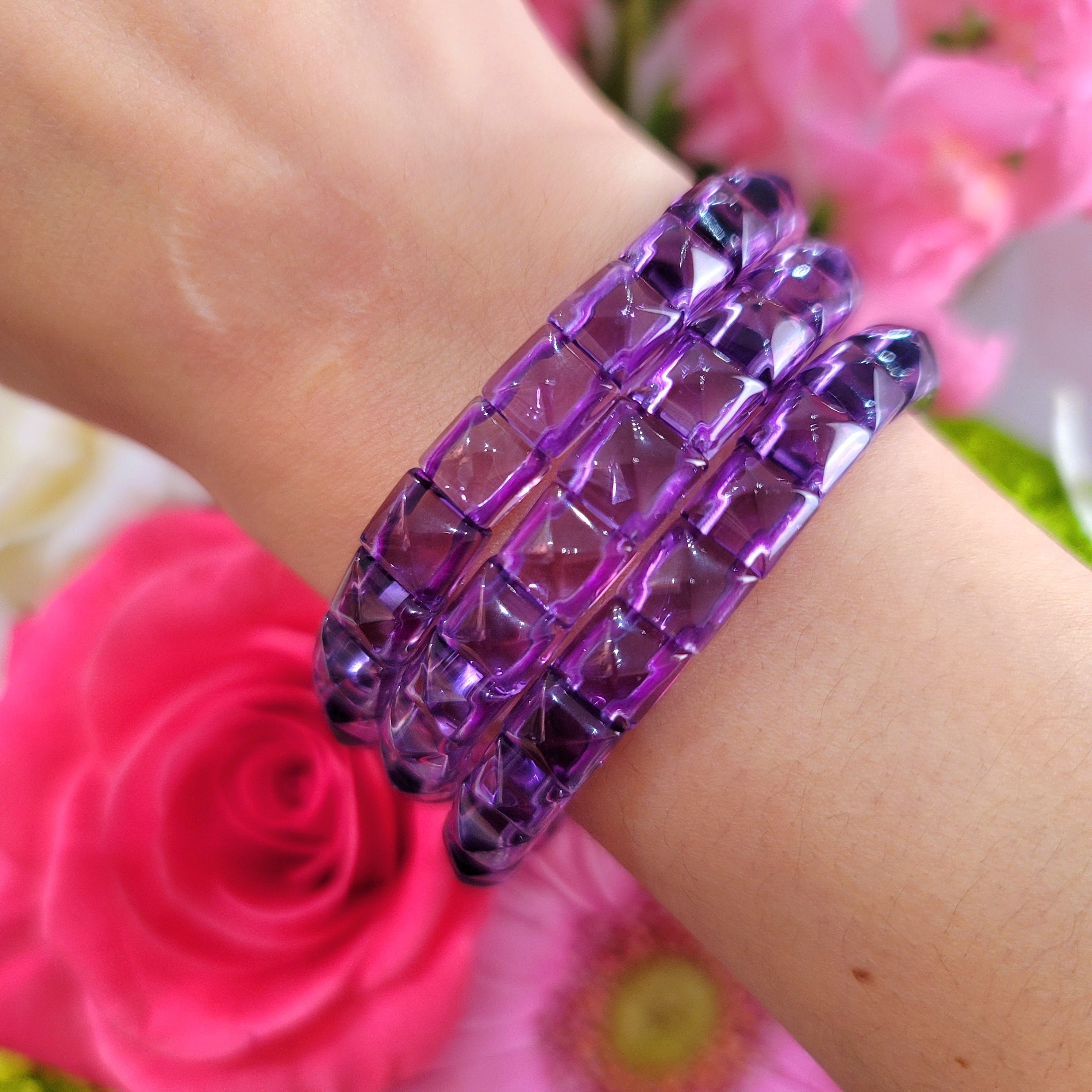 Amethyst Pyramid Stretchy Bangle Bracelet for Clarity, Intuition and Protection