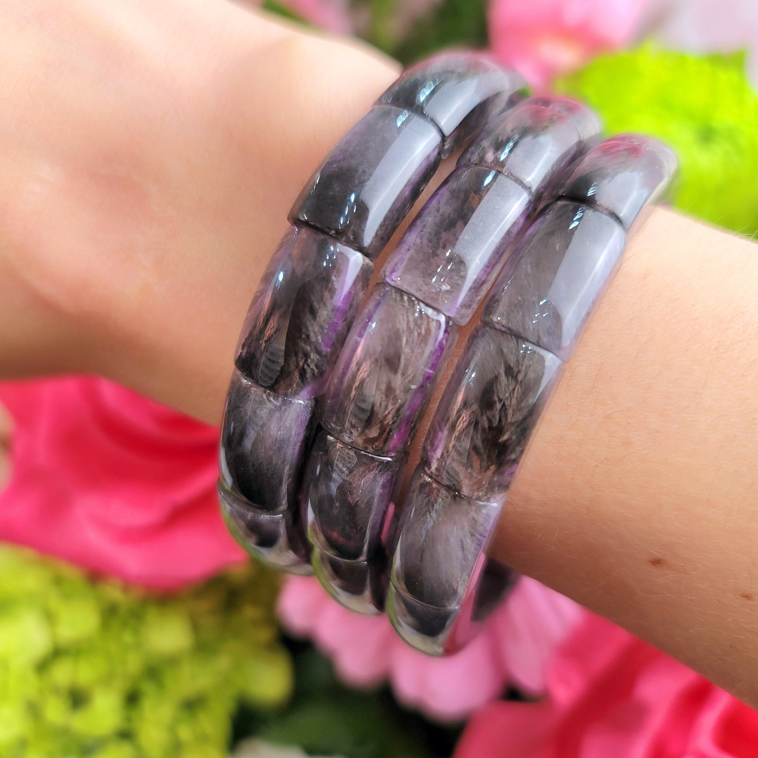 Amethyst with Silver Rutile Stretchy Bangle Bracelet for Clarity, Intuition and Protection