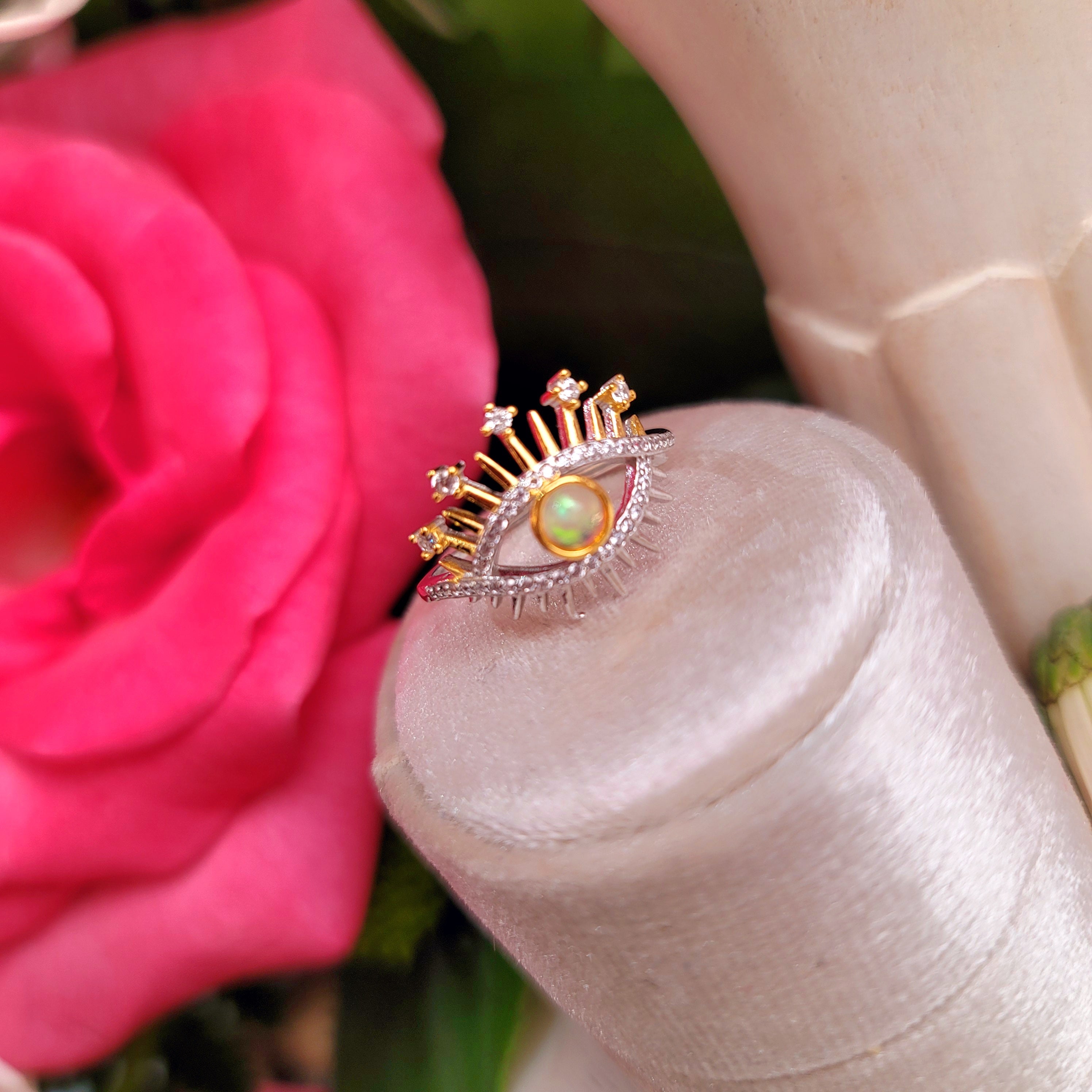 Ethiopian Opal Evil Eye Adjustable Ring .925 Silver for Protection, Hope and Joy