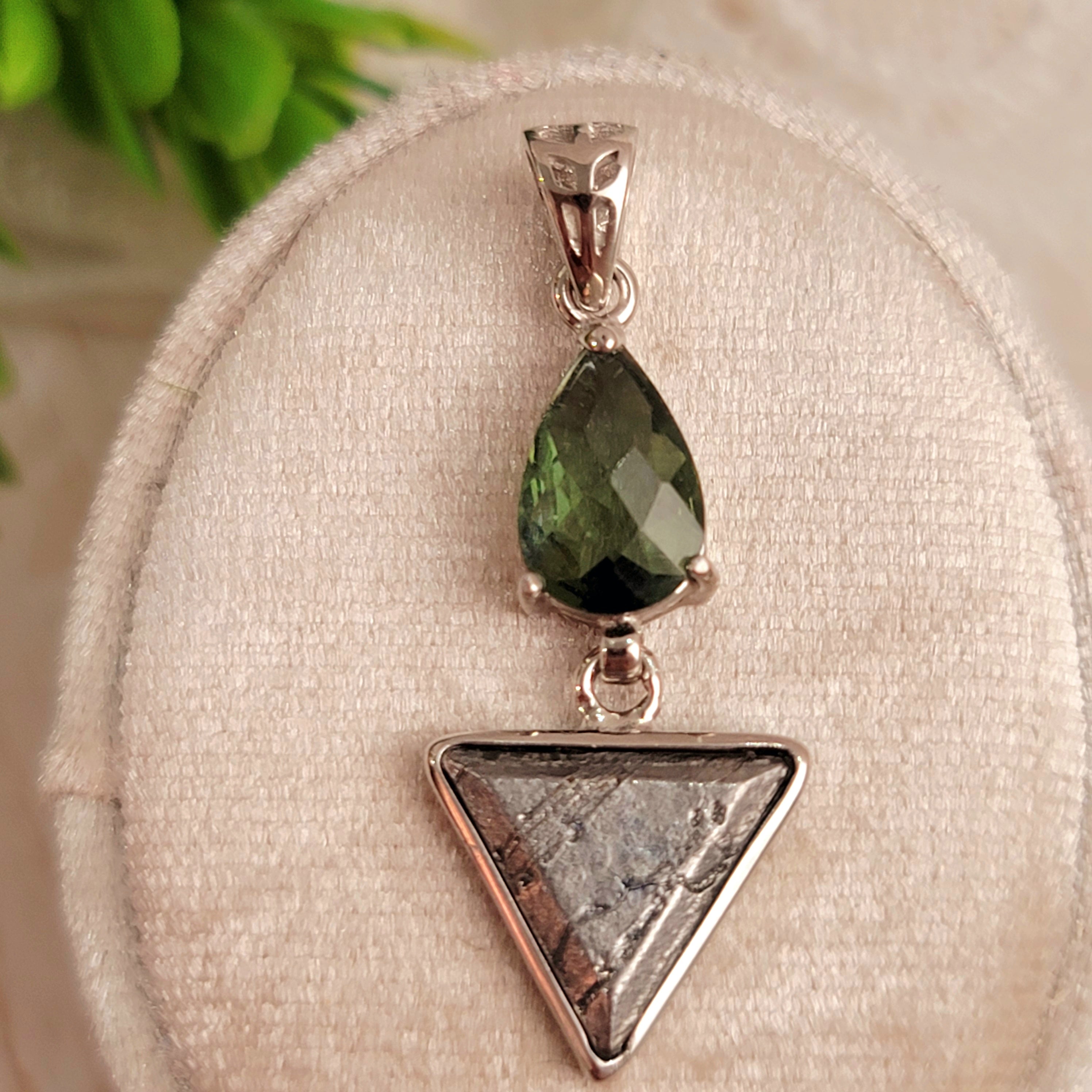 Moldavite & Meteorite Triangle Pendant .925 Silver for Manifesting your Desires and Powerful Transformation