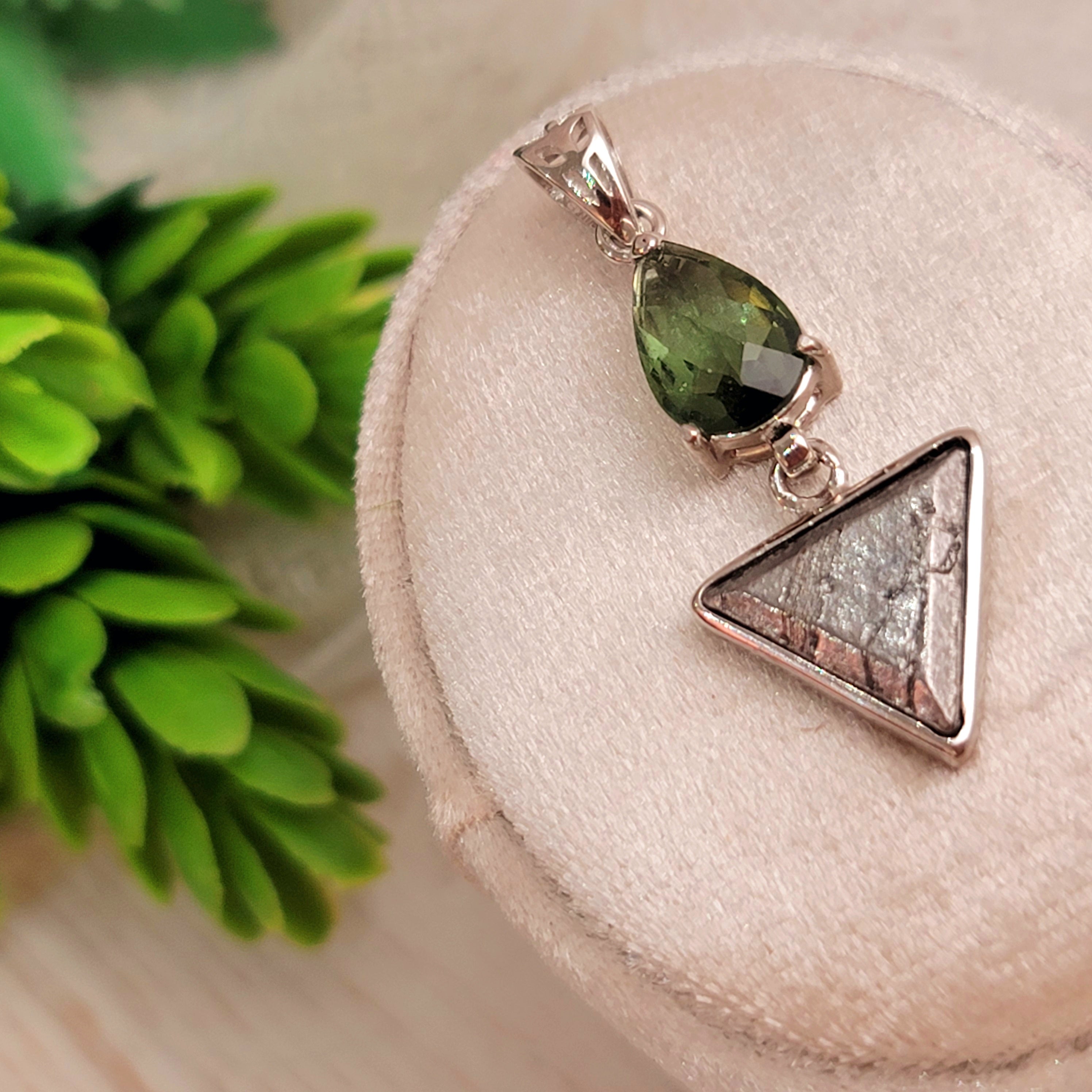 Moldavite & Meteorite Triangle Pendant .925 Silver for Manifesting your Desires and Powerful Transformation