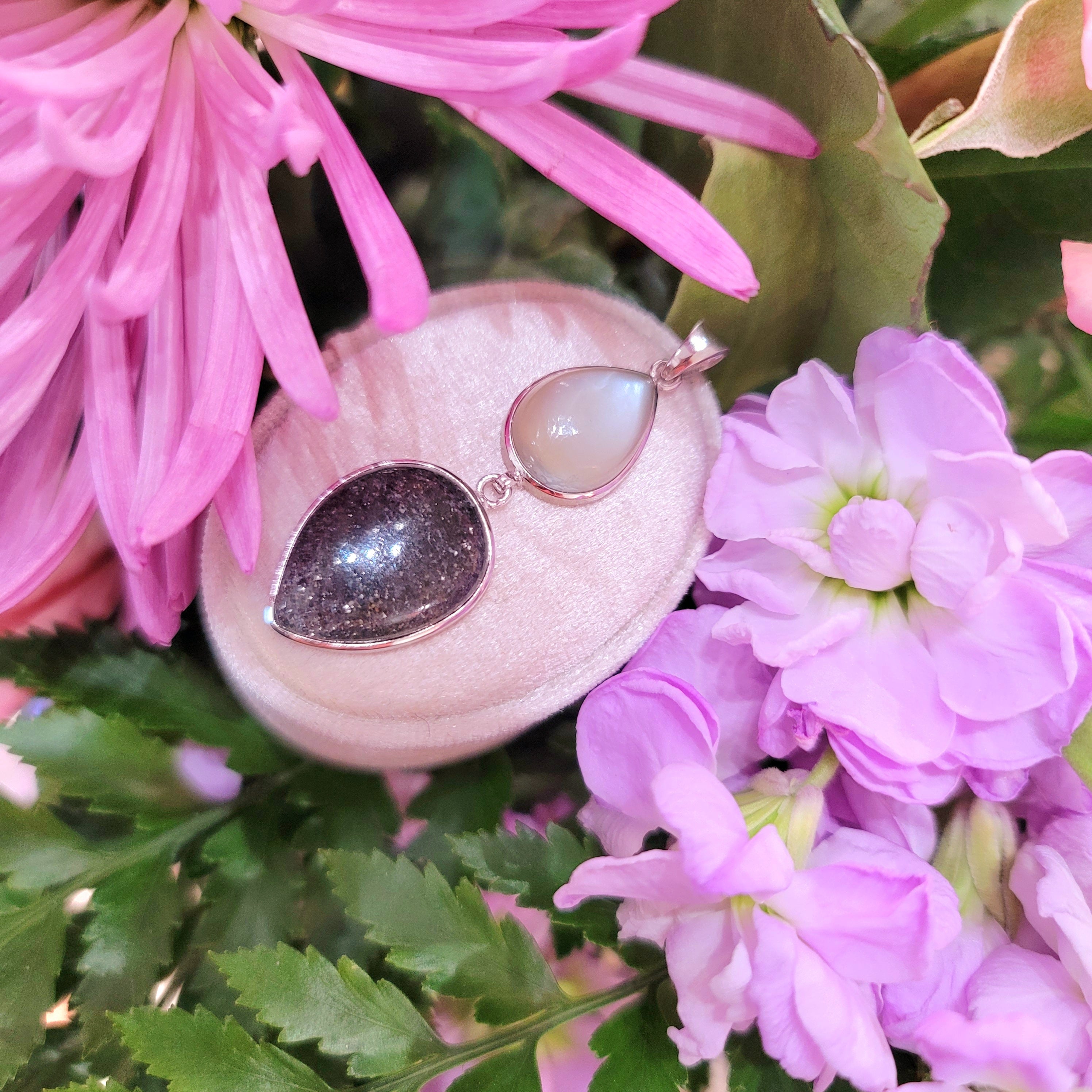 Silver Moonstone & Black Sunstone Pendant .925 Sterling Silver for New Beginnings and Goddess Energy