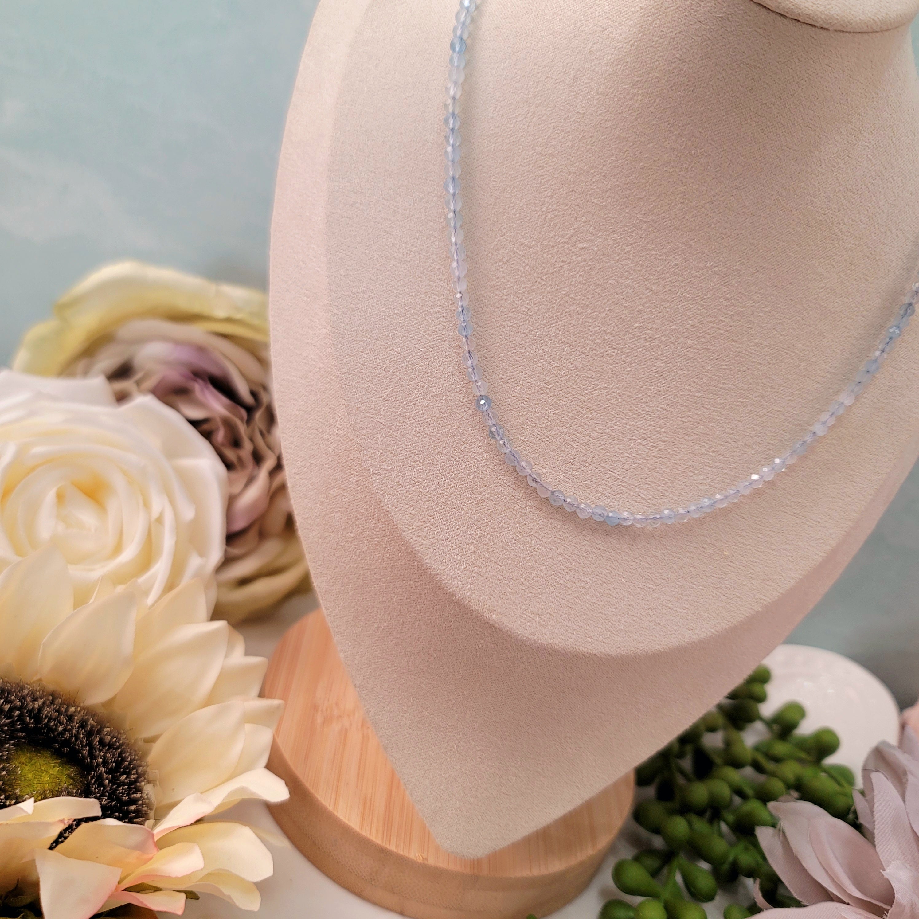 Aquamarine Micro Faceted Choker/Layering Necklace for Calm Communication