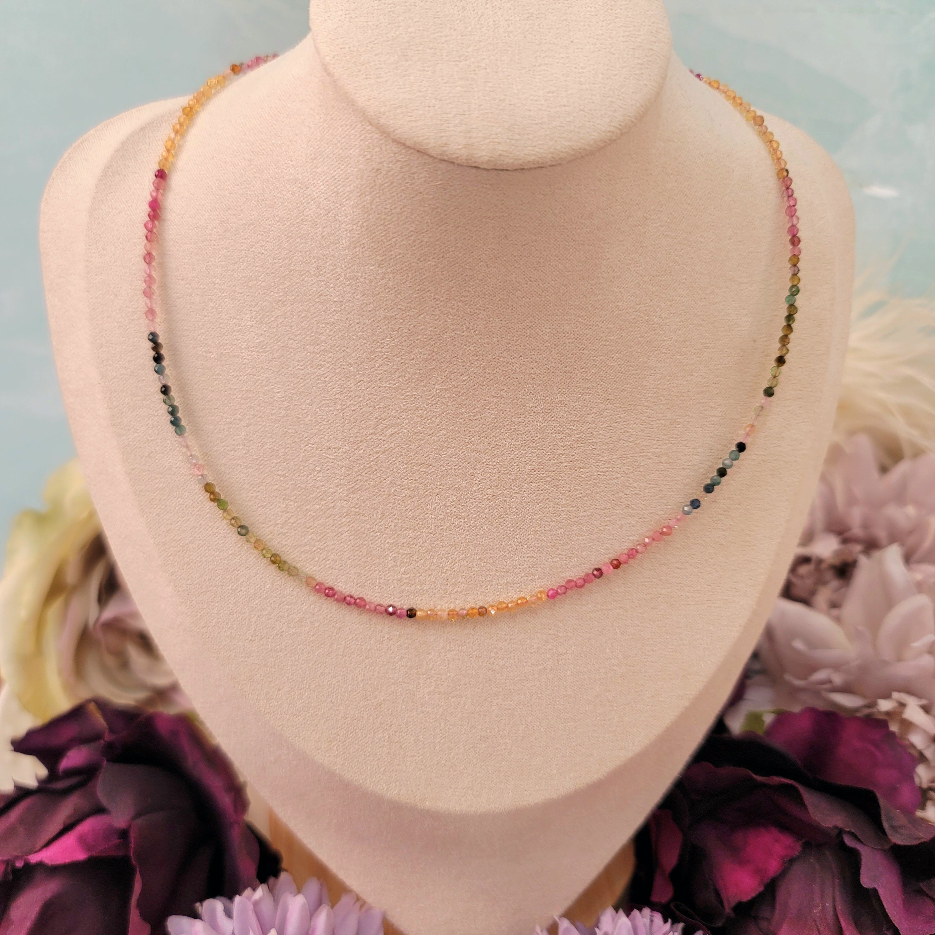 Tourmaline Multi Micro Faceted Waterfall Choker/Layering Necklace for Heart Healing and Joy