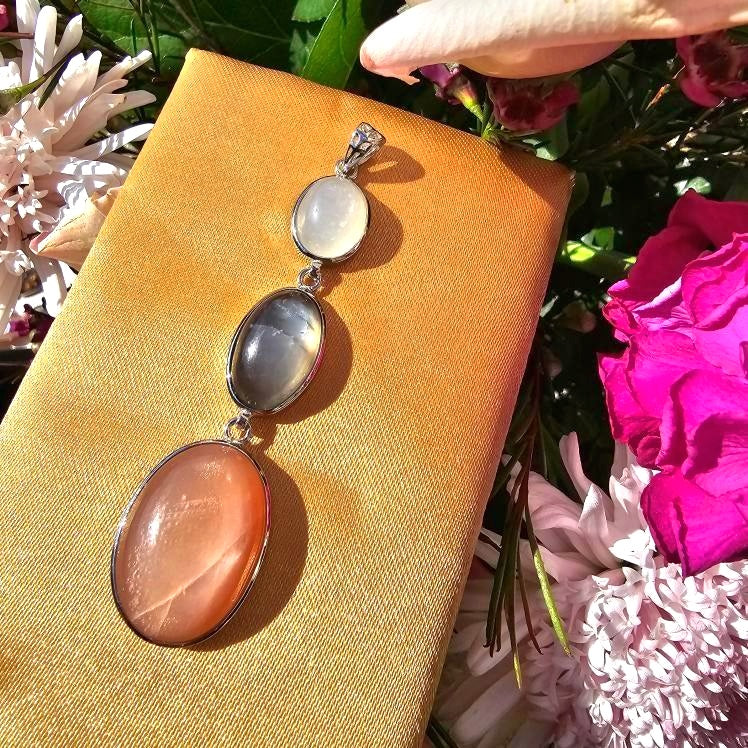 Moonstone Trio ~ Champagne, Peach & Silver Moonstone Pendant for Creative Flow, Goddess Energy and New Beginnings