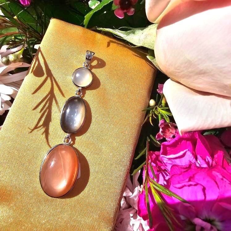 Moonstone Trio ~ Champagne, Peach & Silver Moonstone Pendant for Creative Flow, Goddess Energy and New Beginnings