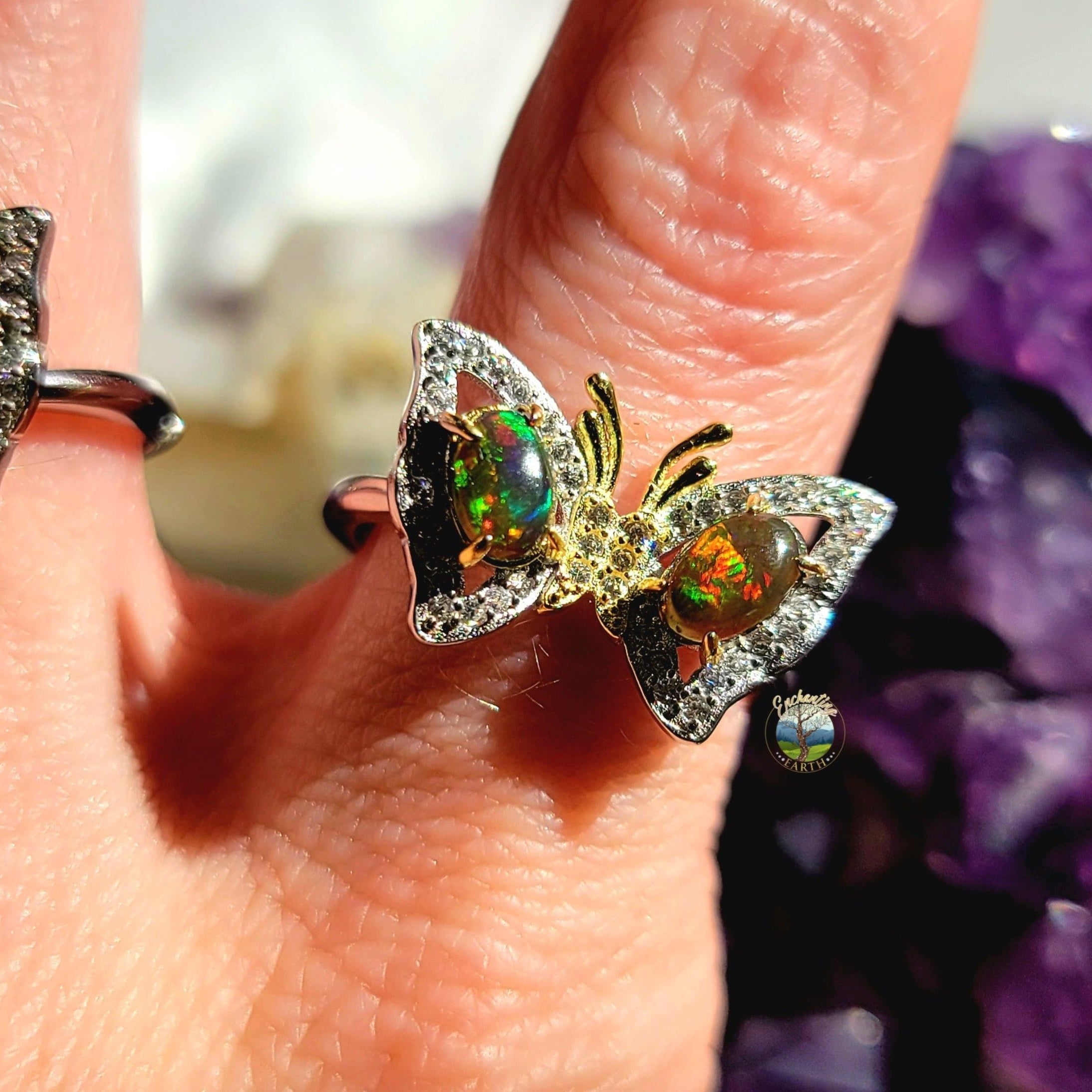 Black Opal Butterfly Adjustable Ring .925 Silver