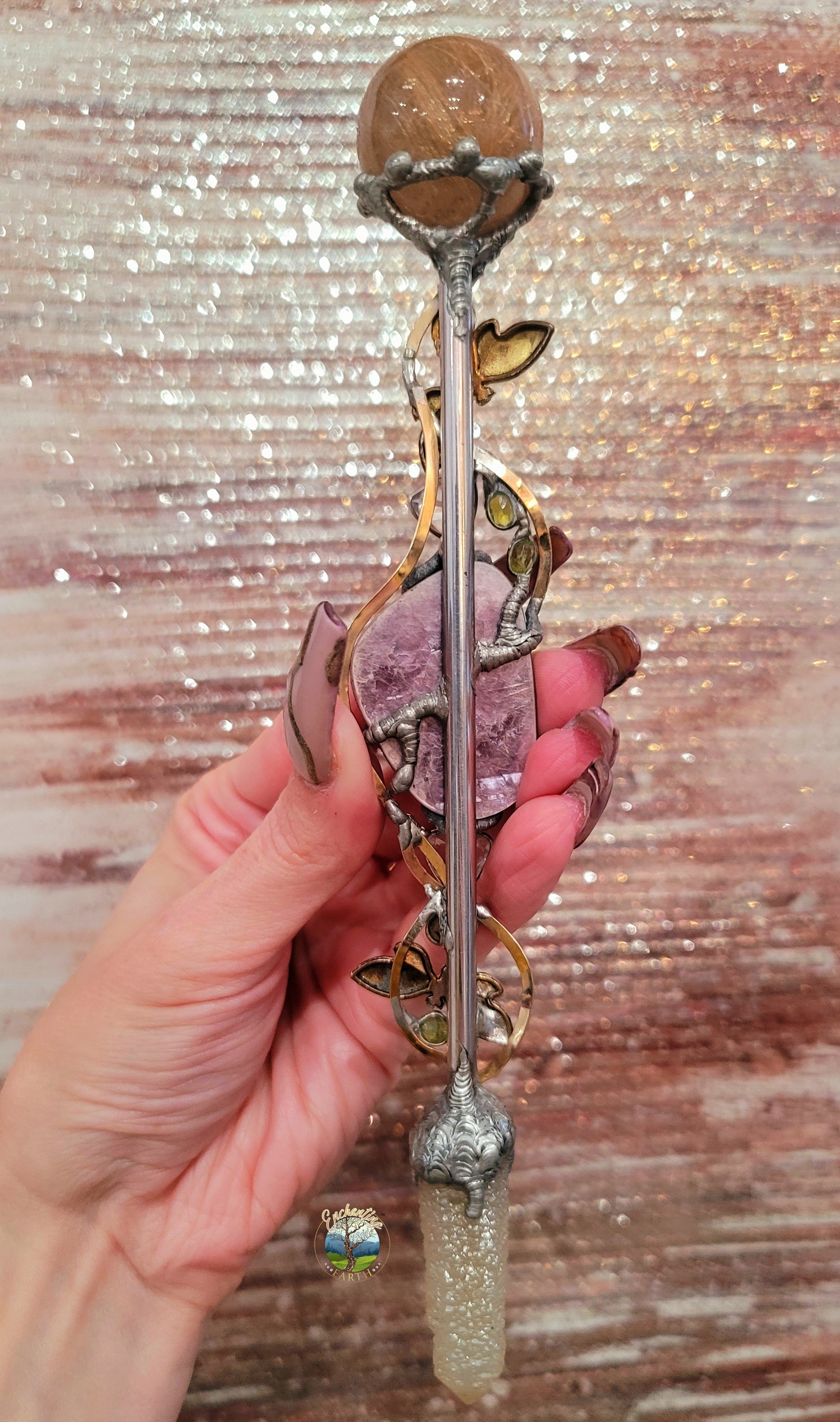 One of a Kind Collector Wand ~ Gem Lepidolite, Gold Rutile, Peridot and Spirit Quartz