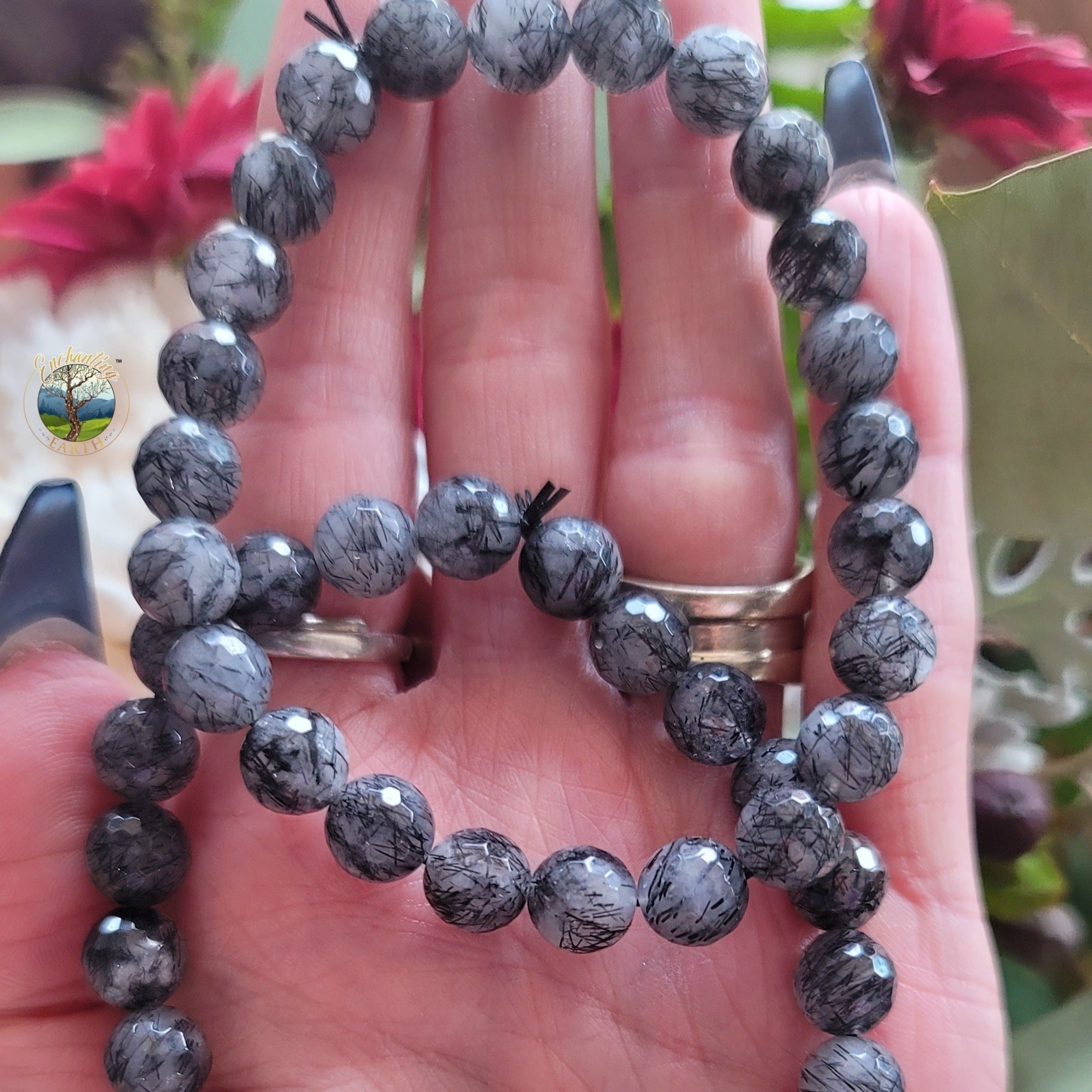 Black Tourmaline Rutile Faceted Bracelet for Protection and Purification