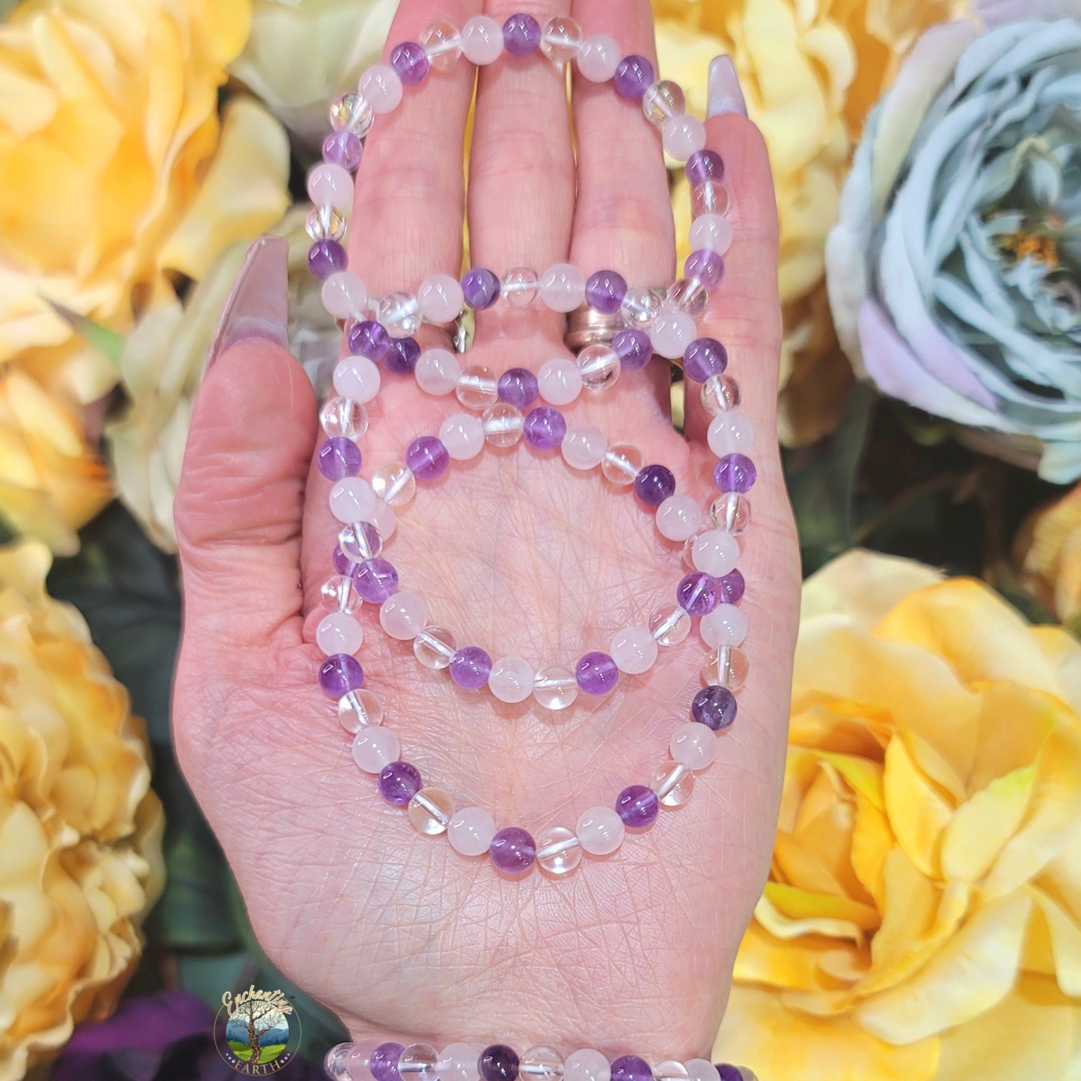 Amethyst, Clear Quartz and Rose Quartz Bracelet for Intuition, Love and Manifesting Your Desires