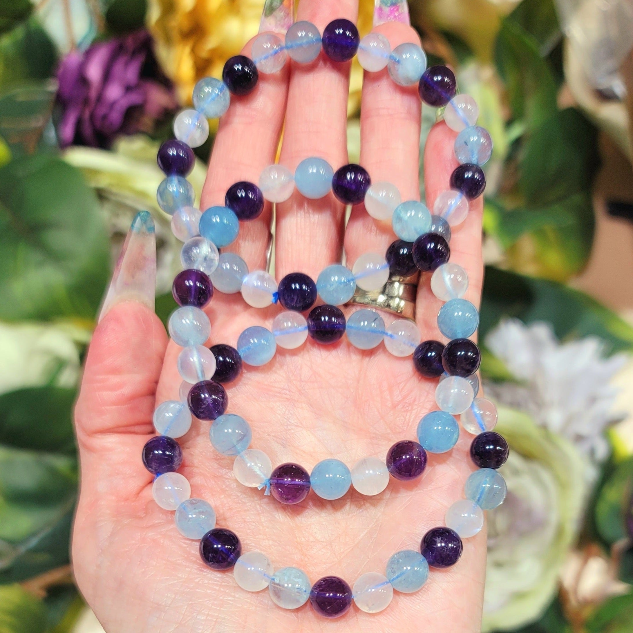 Pisces Bracelet (Amethyst, Aquamarine and Rainbow Moonstone) *High Quality* for Empowerment and Soothing Emotions