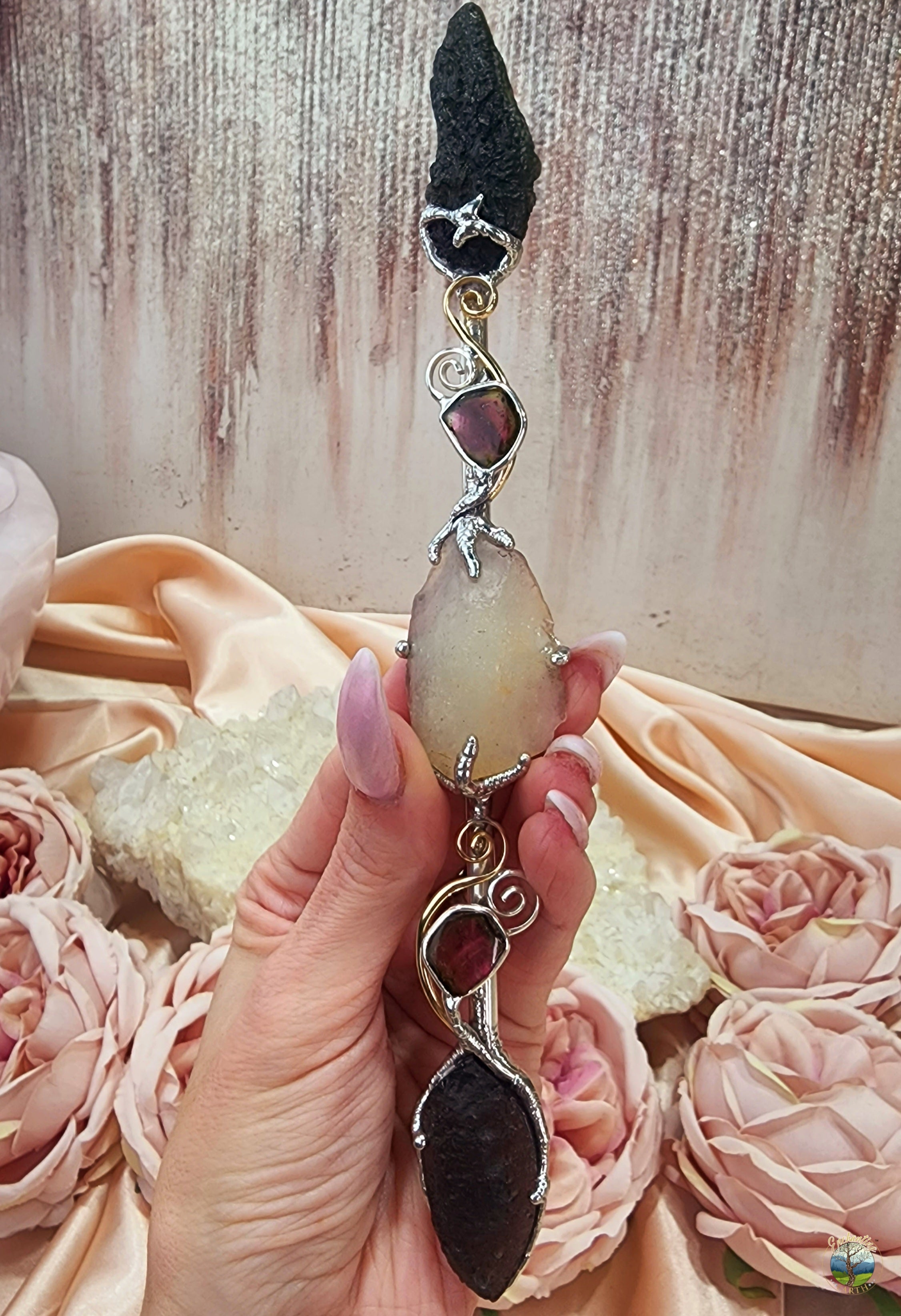 One of a Kind Collector Wand ~ Moldavite, Libyan Glass, Watermelon Tourmaline and Colombianite