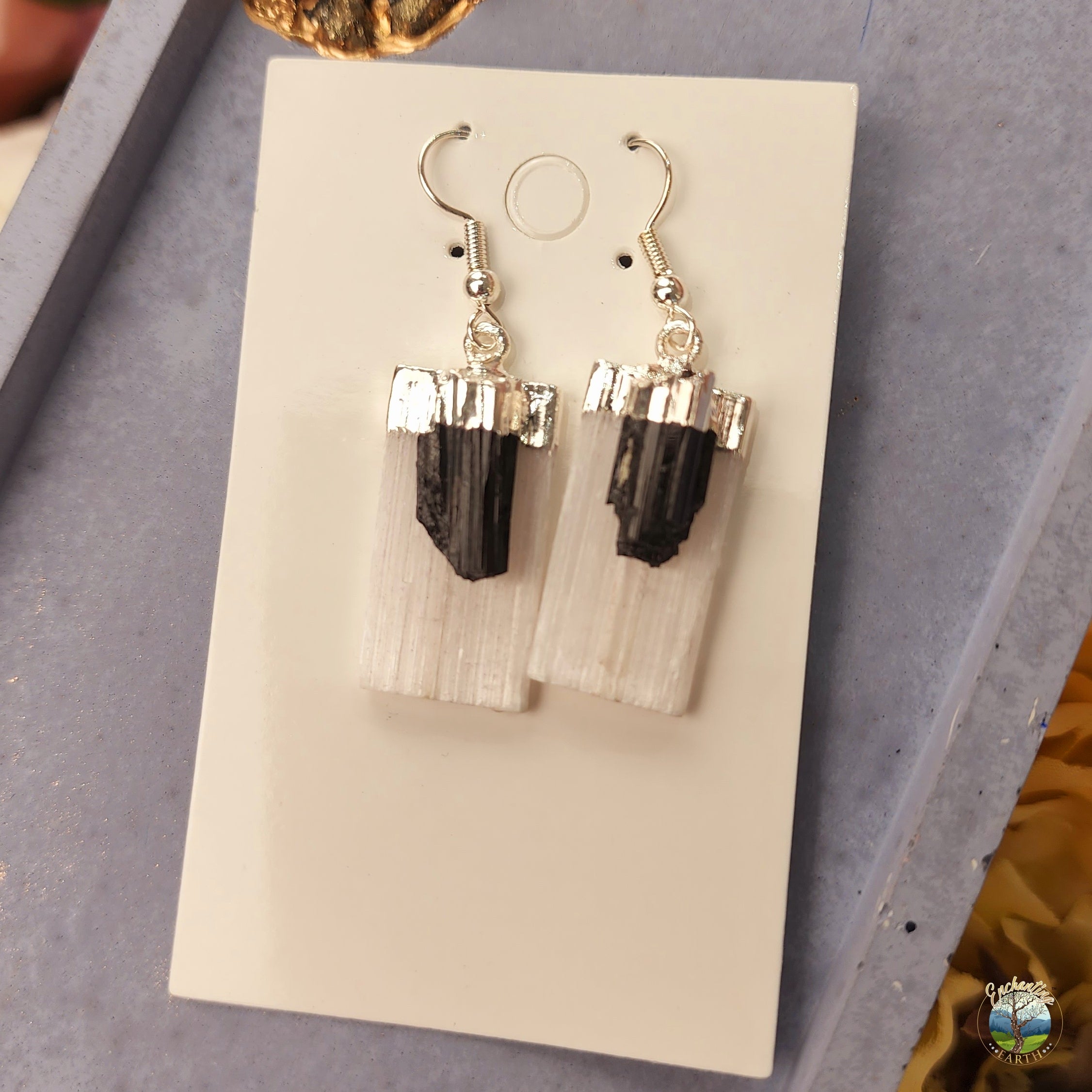 Black Tourmaline and Satin Spar Selenite Earrings for Protection and Purifying your Energy