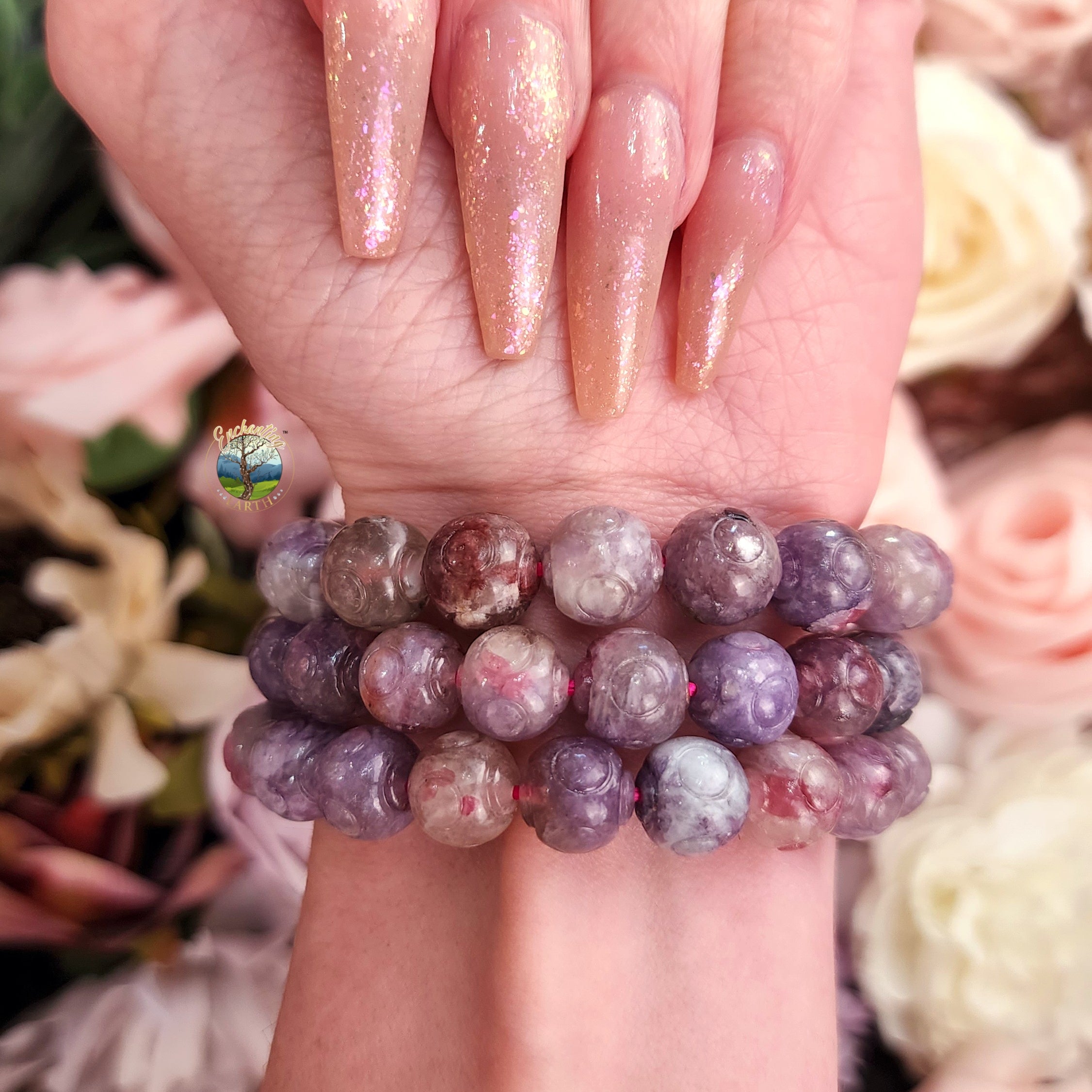 Pink Tourmaline & Lepidolite Carved Bracelet *High Quality* for Emotional Healing, Joy and Stress Relief
