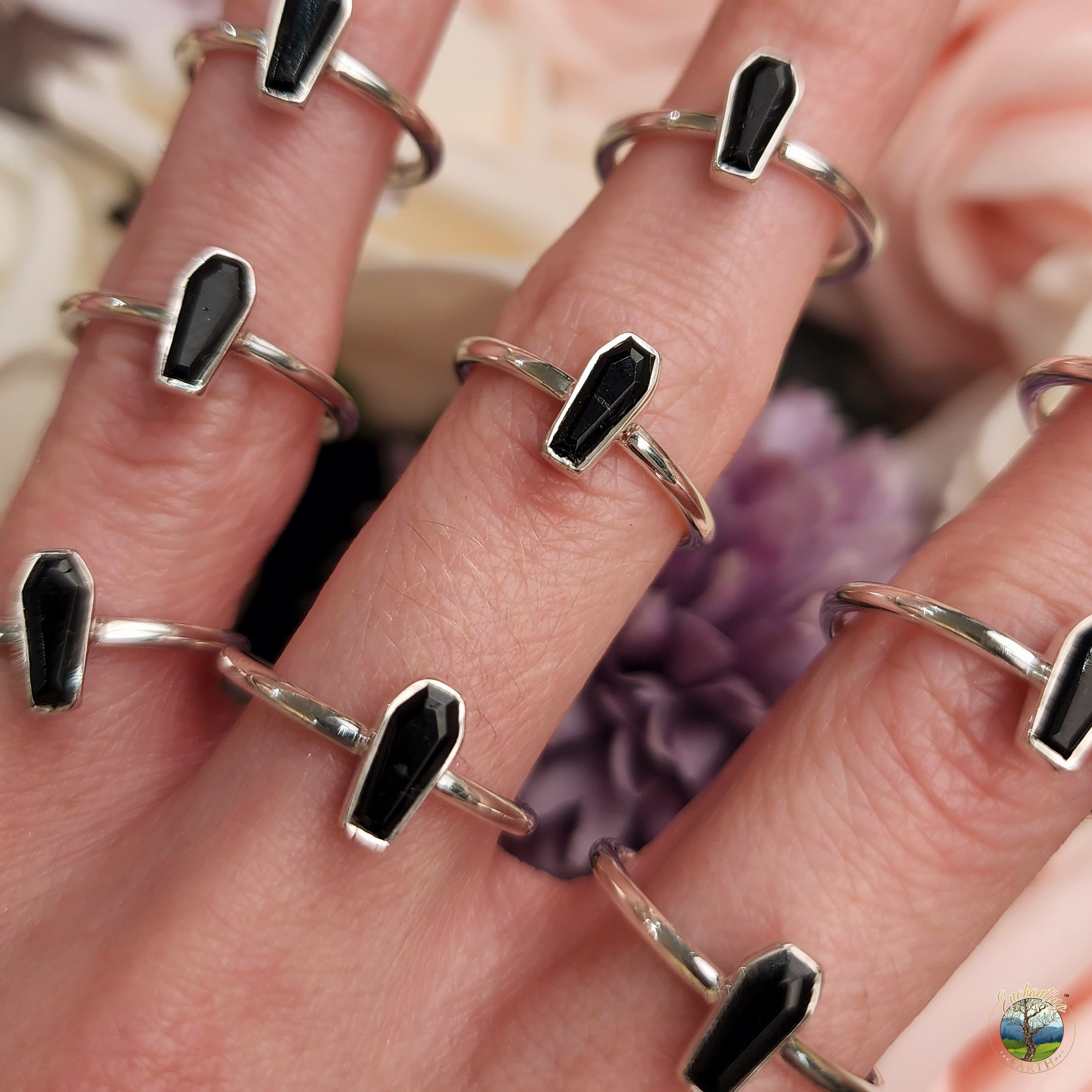 Black Tourmaline Coffin Dainty Ring .925 Silver for Protection