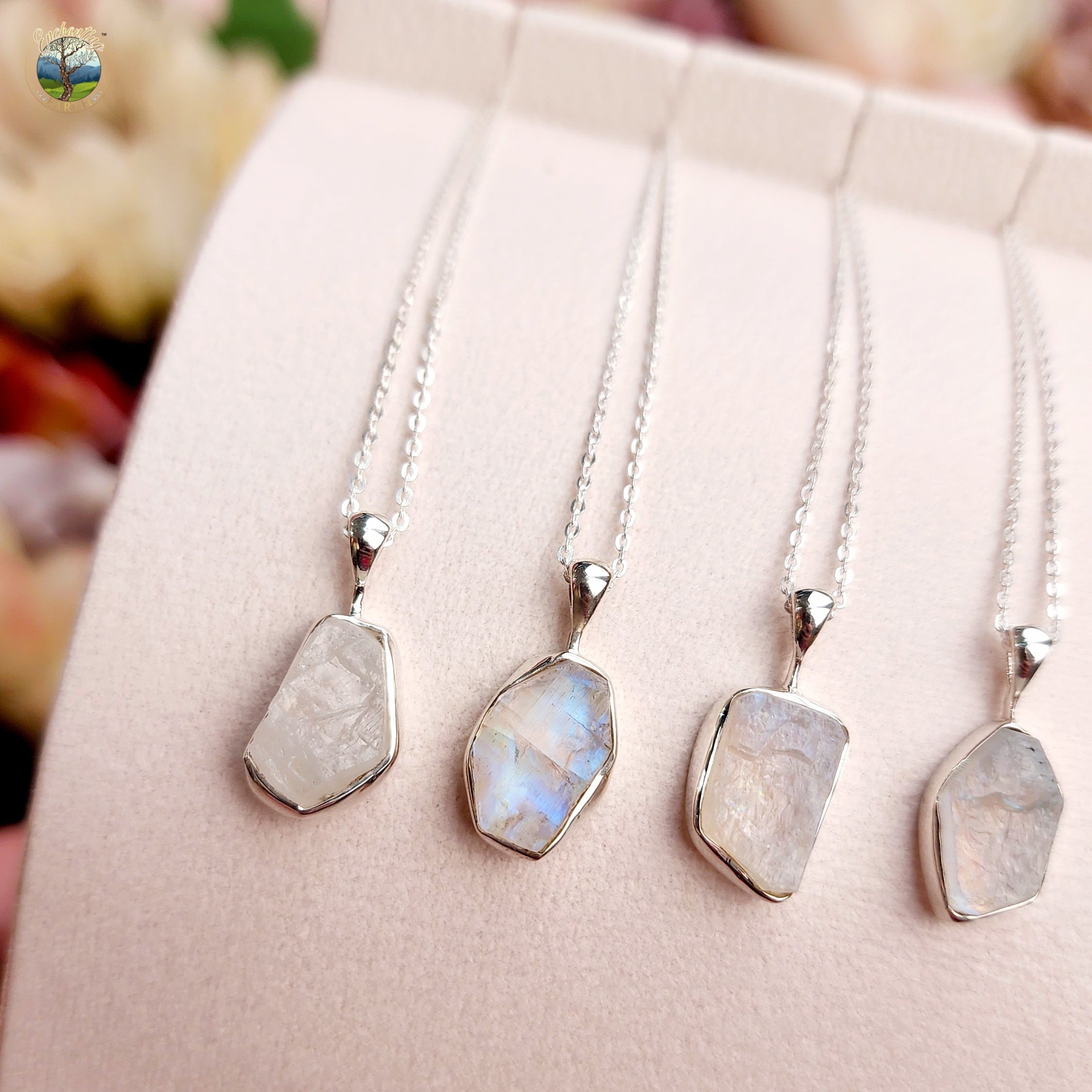 Rainbow Moonstone Raw Necklace .925 Silver for Intuition and New Beginnings