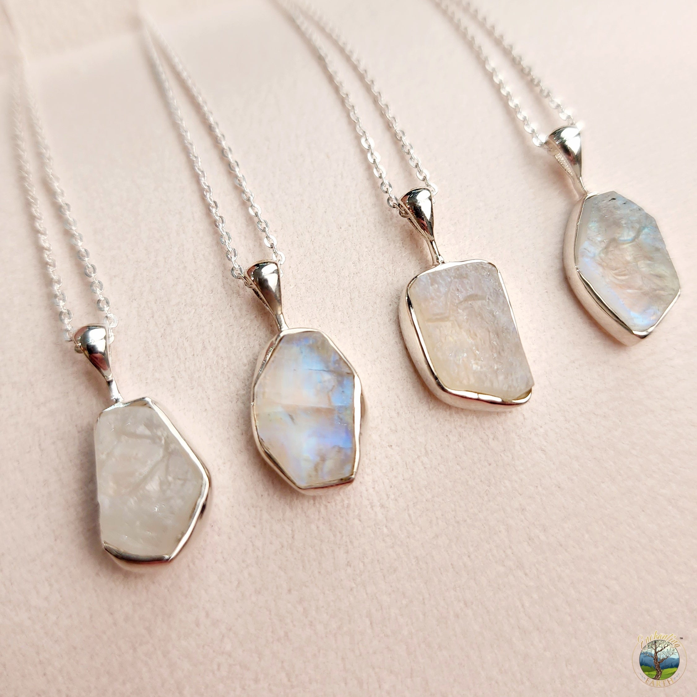 Rainbow Moonstone Raw Necklace .925 Silver for Intuition and New Beginnings