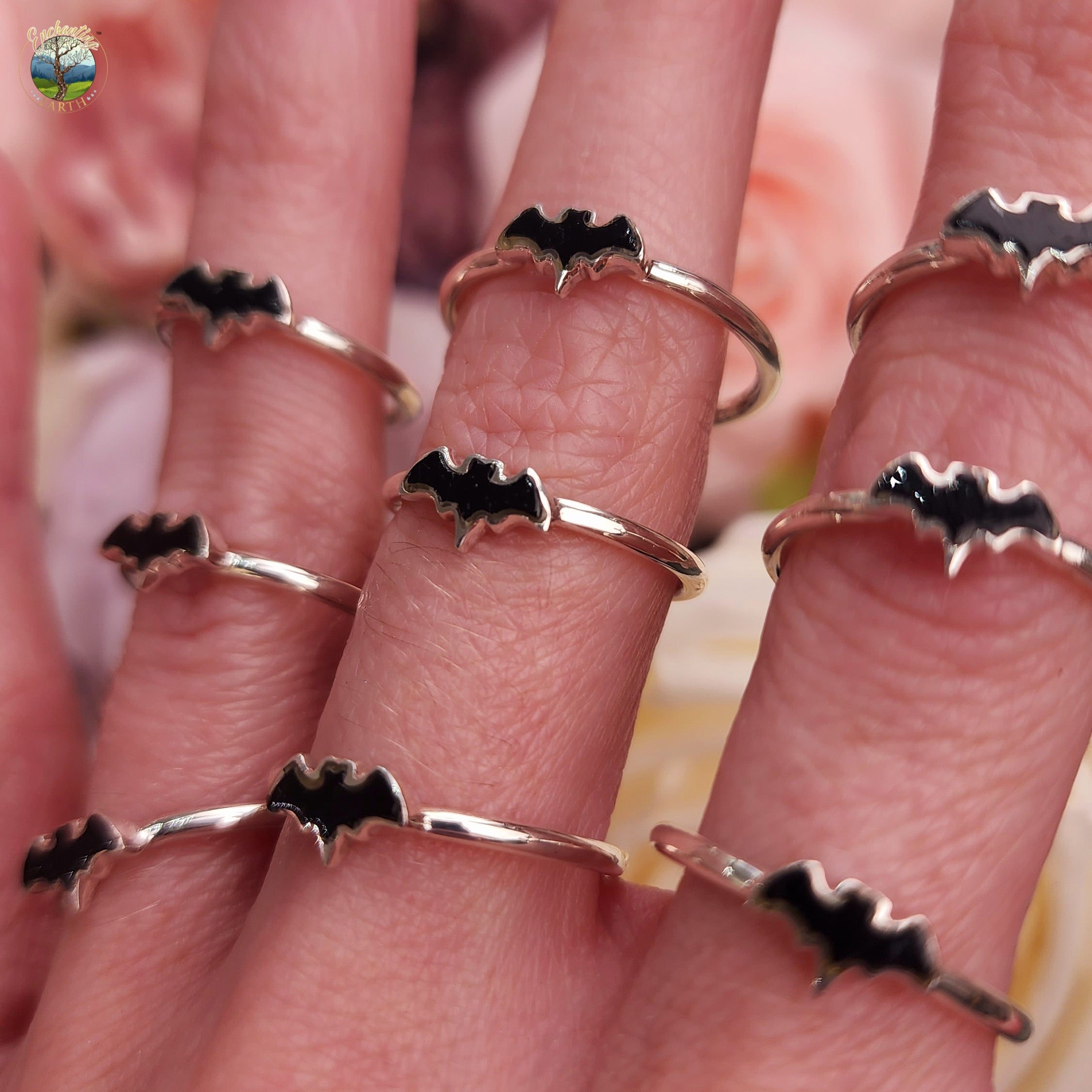 Black Tourmaline Bat Dainty Ring .925 Silver for Protection and Purifying Energy