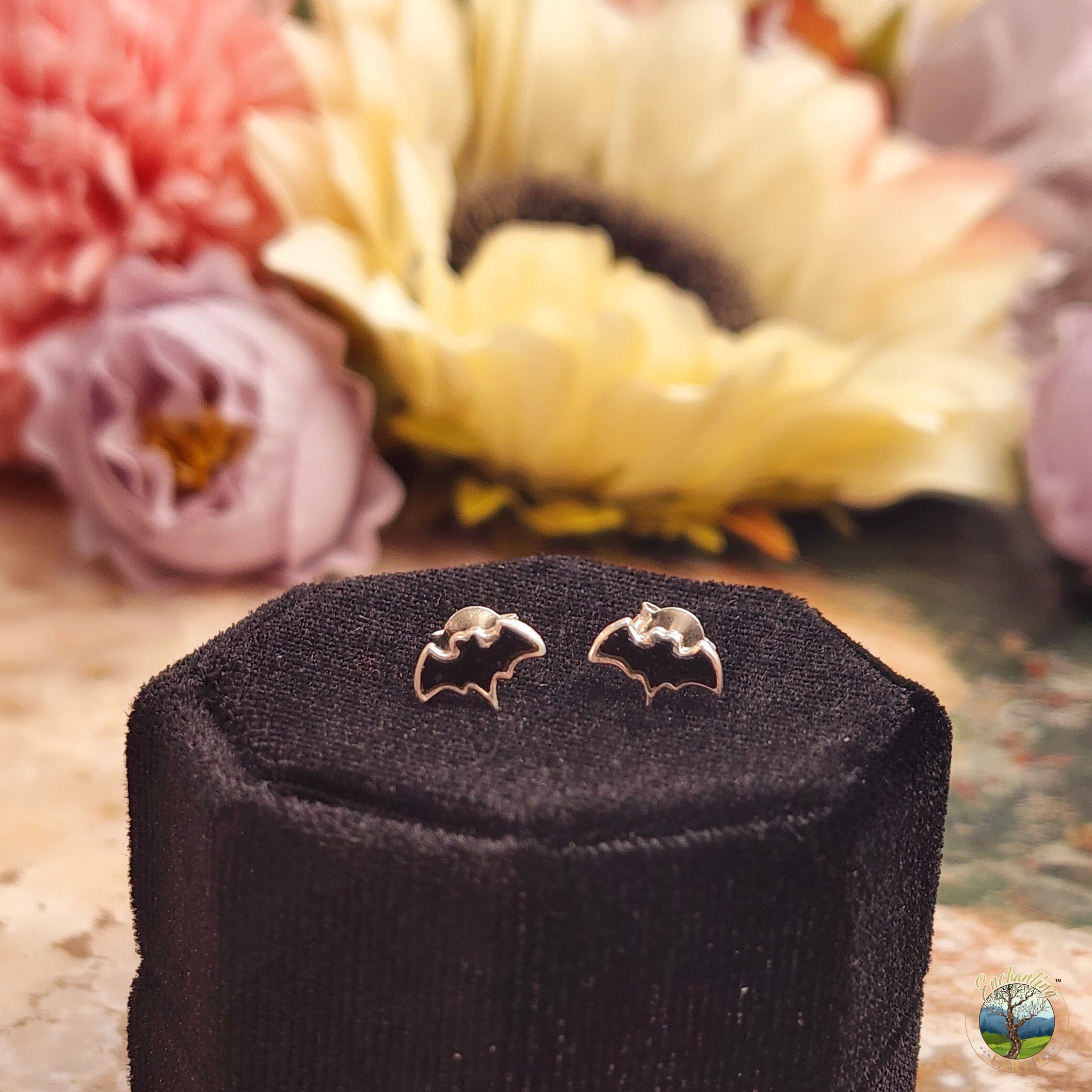 Black Tourmaline Bat Studs .925 Silver for Protection