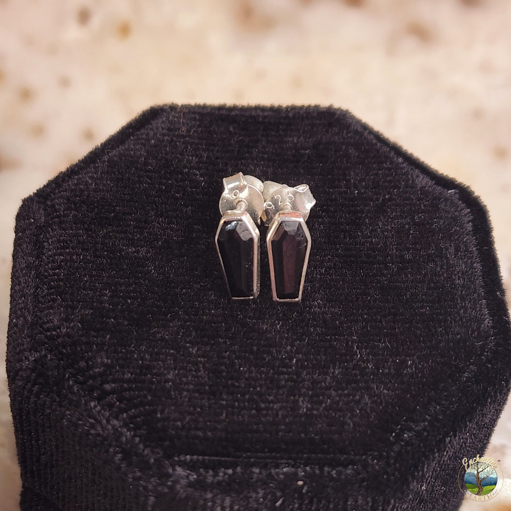Black Tourmaline Coffin Studs .925 Silver for Protection
