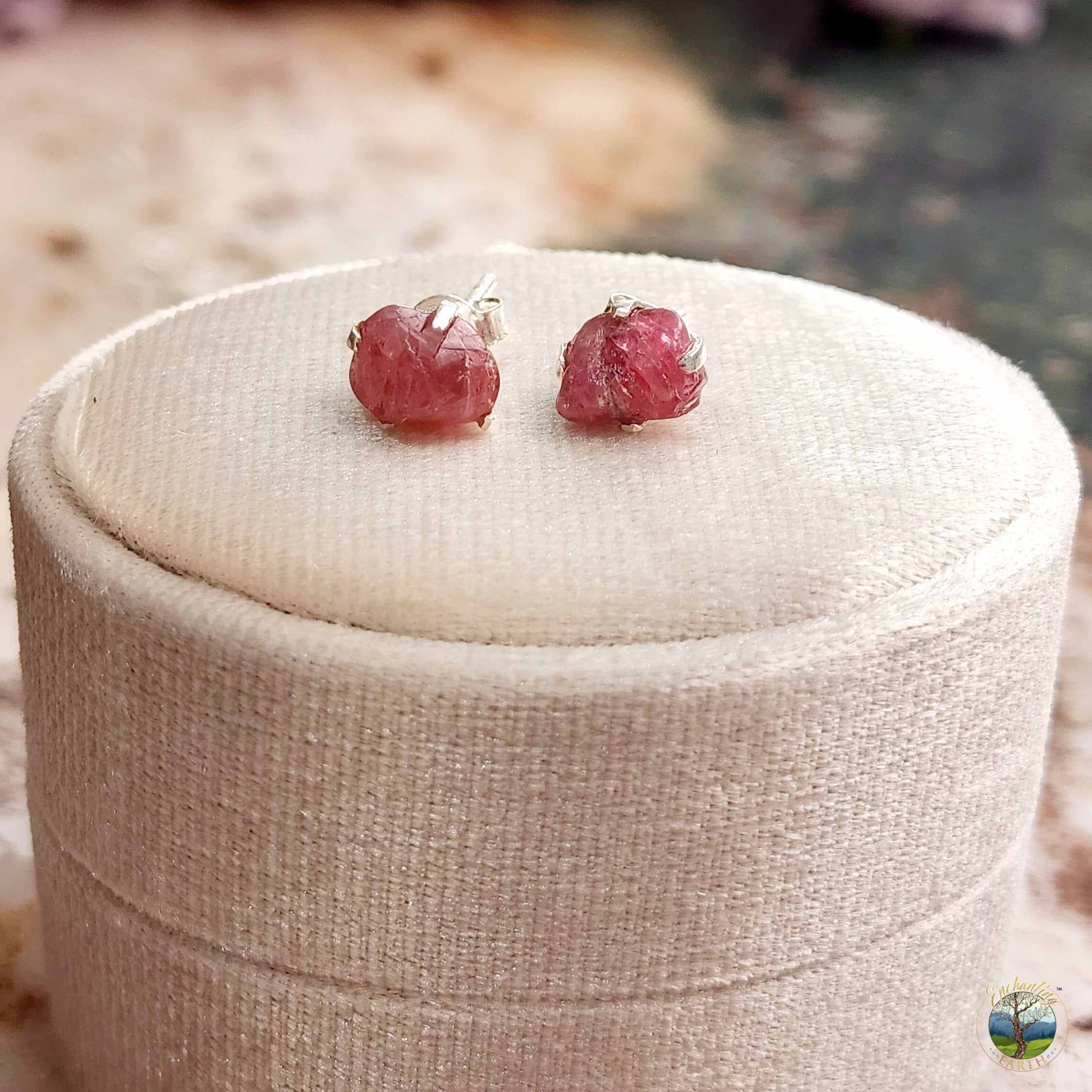 Pink Tourmaline Raw Studs .925 Silver for Emotional Healing, Kindness and Love