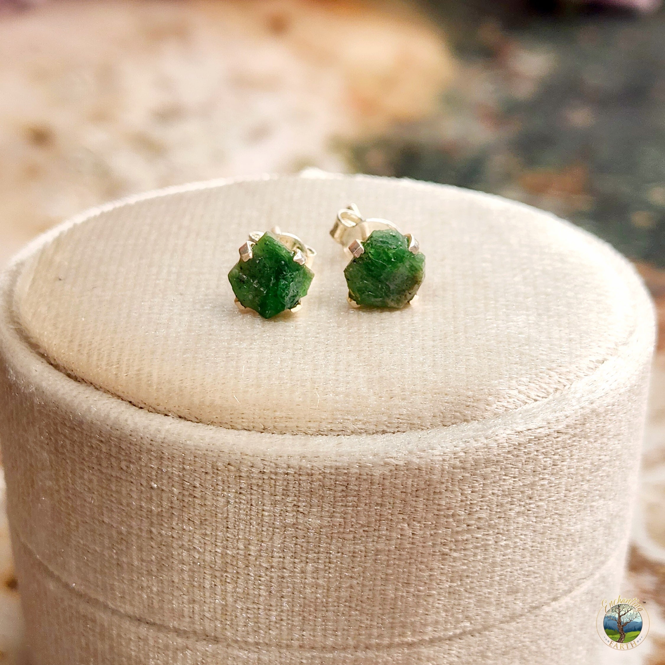 Emerald Raw Studs .925 Silver for Abundance and Love