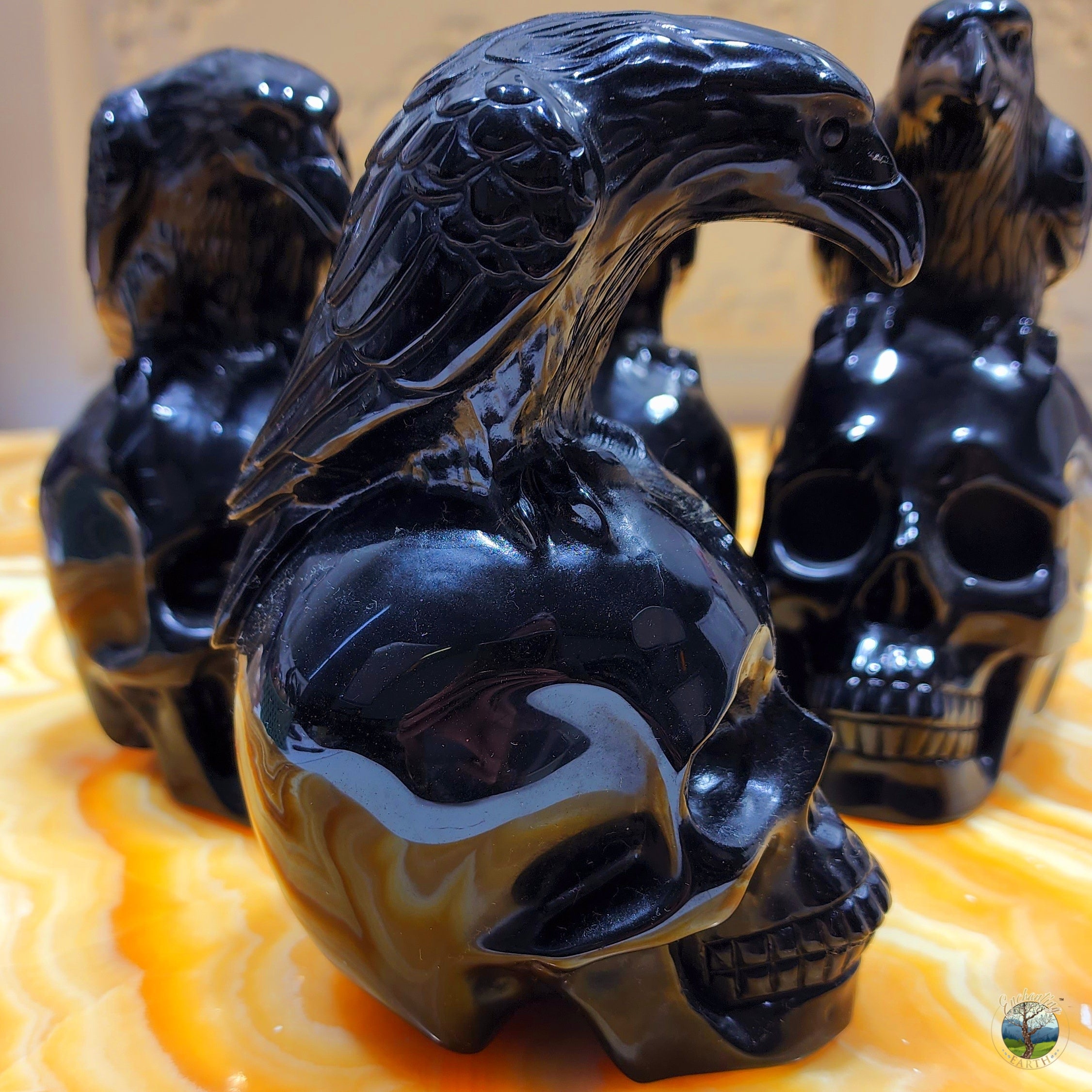 Nevermore Obsidian Skull Raven Carving for Protection