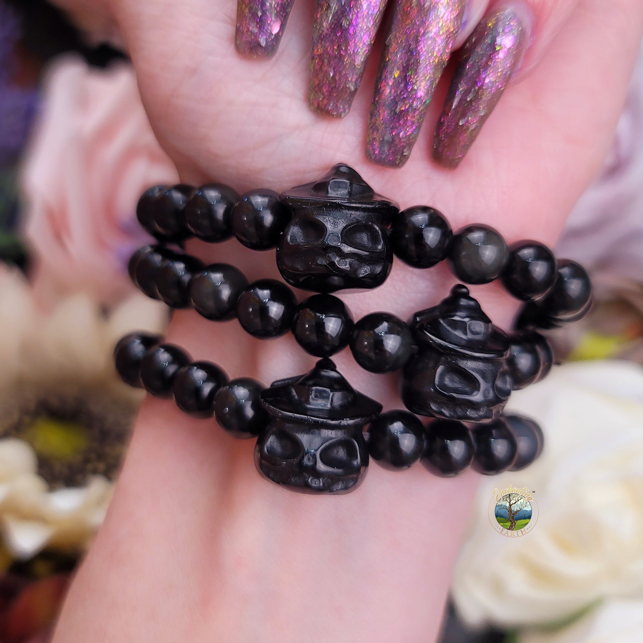 Obsidian Witch Pumpkin Bracelet for Grounding and Protection