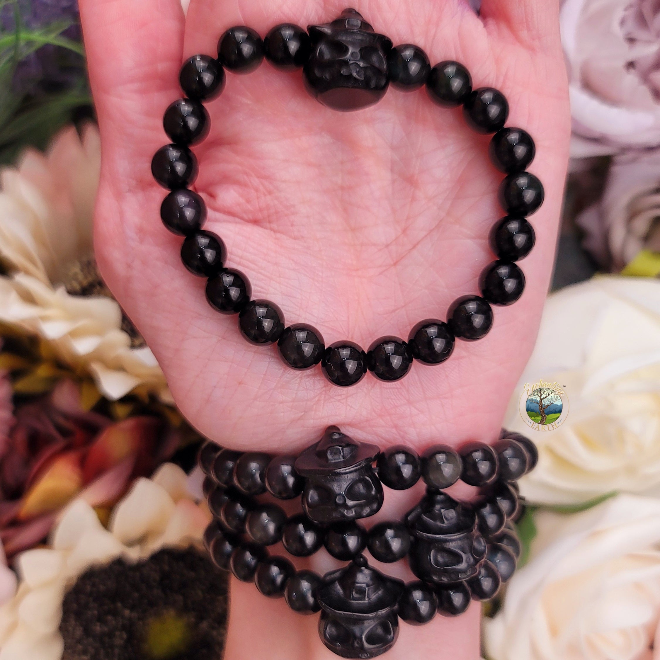 Obsidian Witch Pumpkin Bracelet for Grounding and Protection