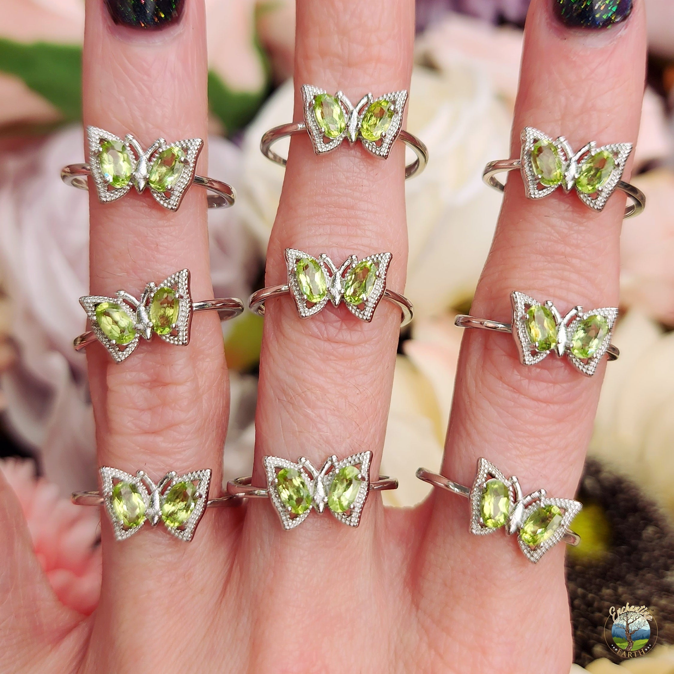 Peridot Butterfly Adjustable Ring .925 Silver for Lack, Prosperity and Protection
