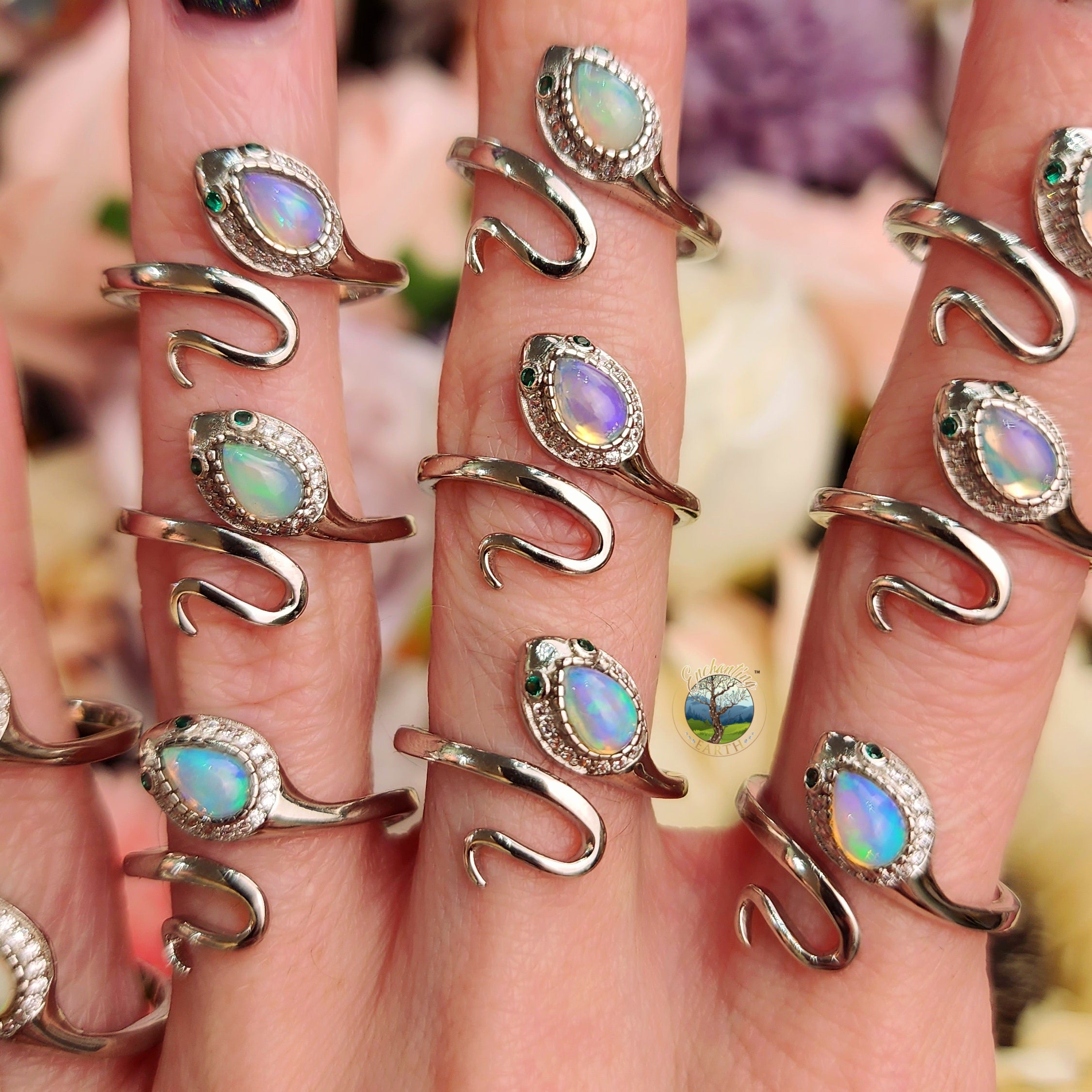 Ethiopian Opal and Zircon Snake Adjustable Ring .925 Silver for Good Luck and Transformation