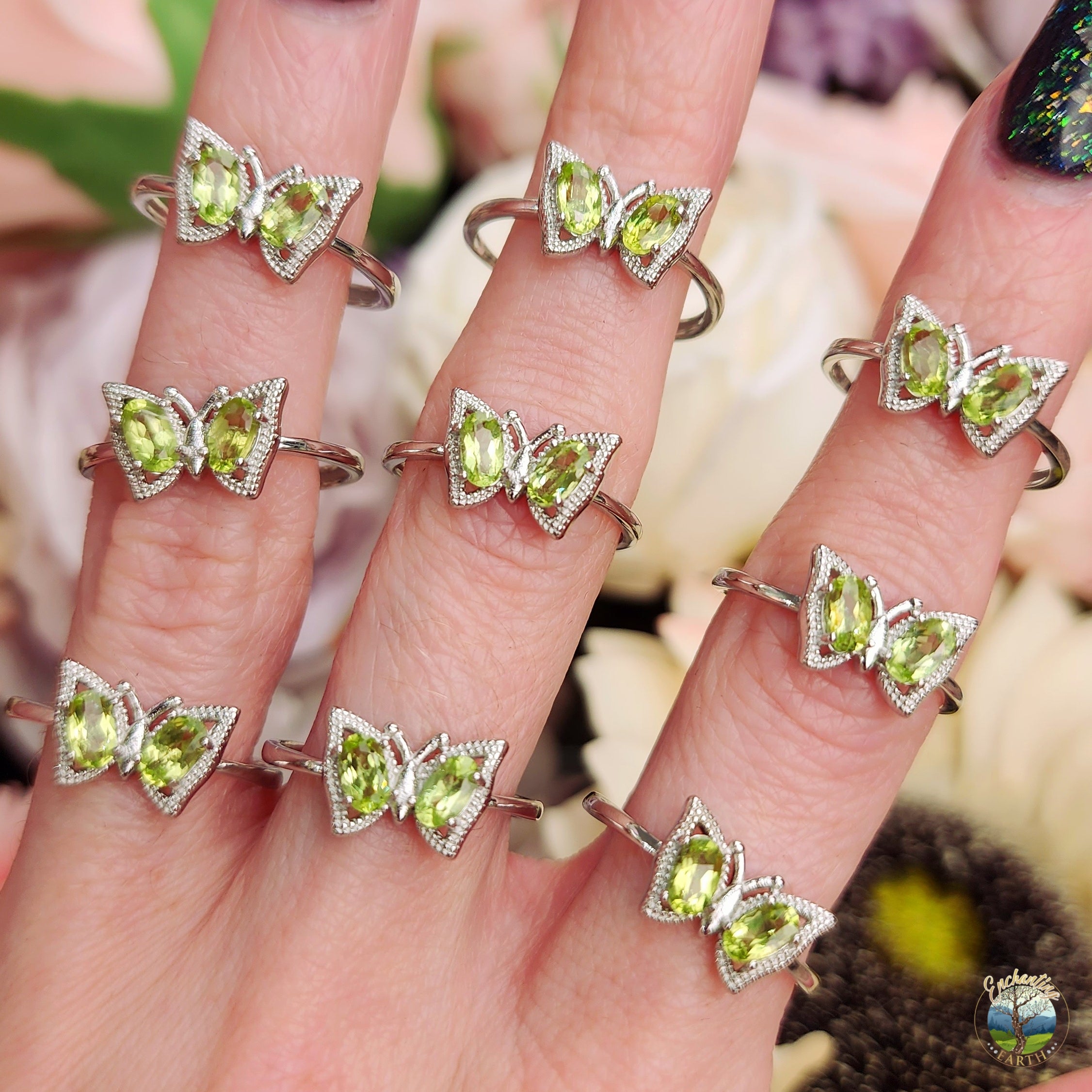 Peridot Butterfly Adjustable Ring .925 Silver for Lack, Prosperity and Protection