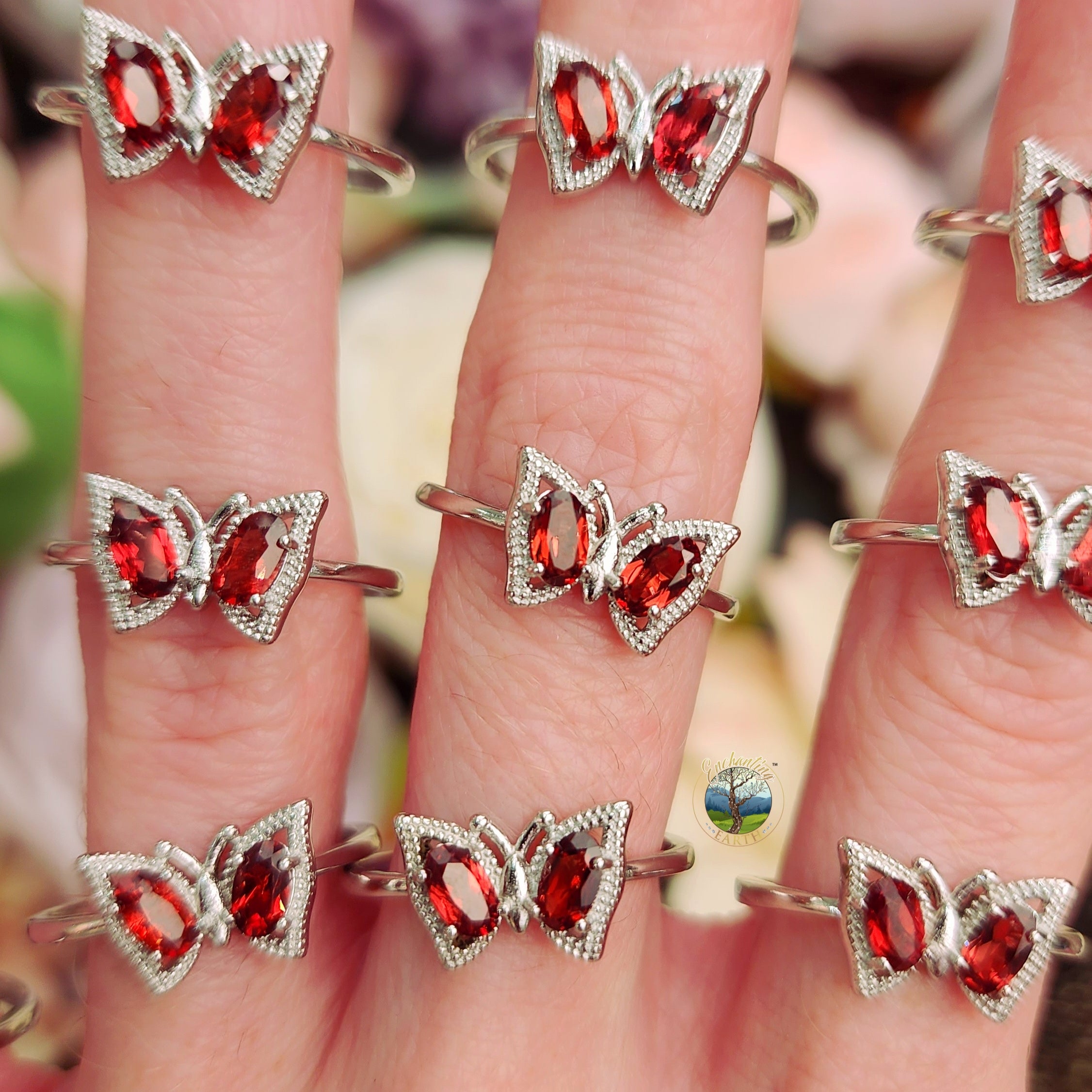 Garnet Butterfly Adjustable Ring .925 Silver for Grounding, Health and Strength