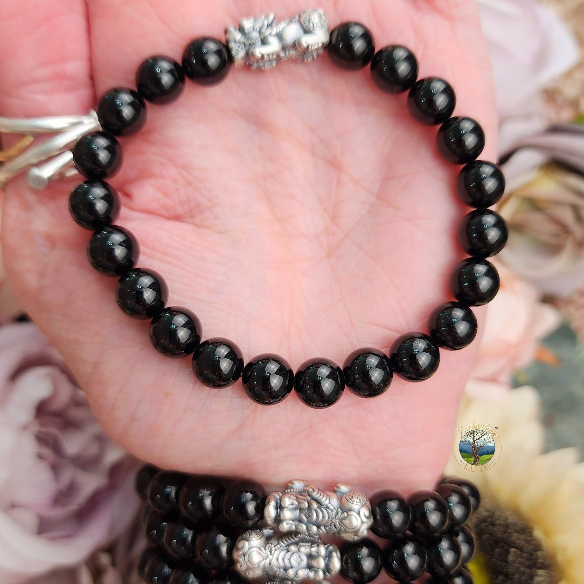 Black Tourmaline Silver Pixiu Bracelet for Good Luck, Protection and Wealth