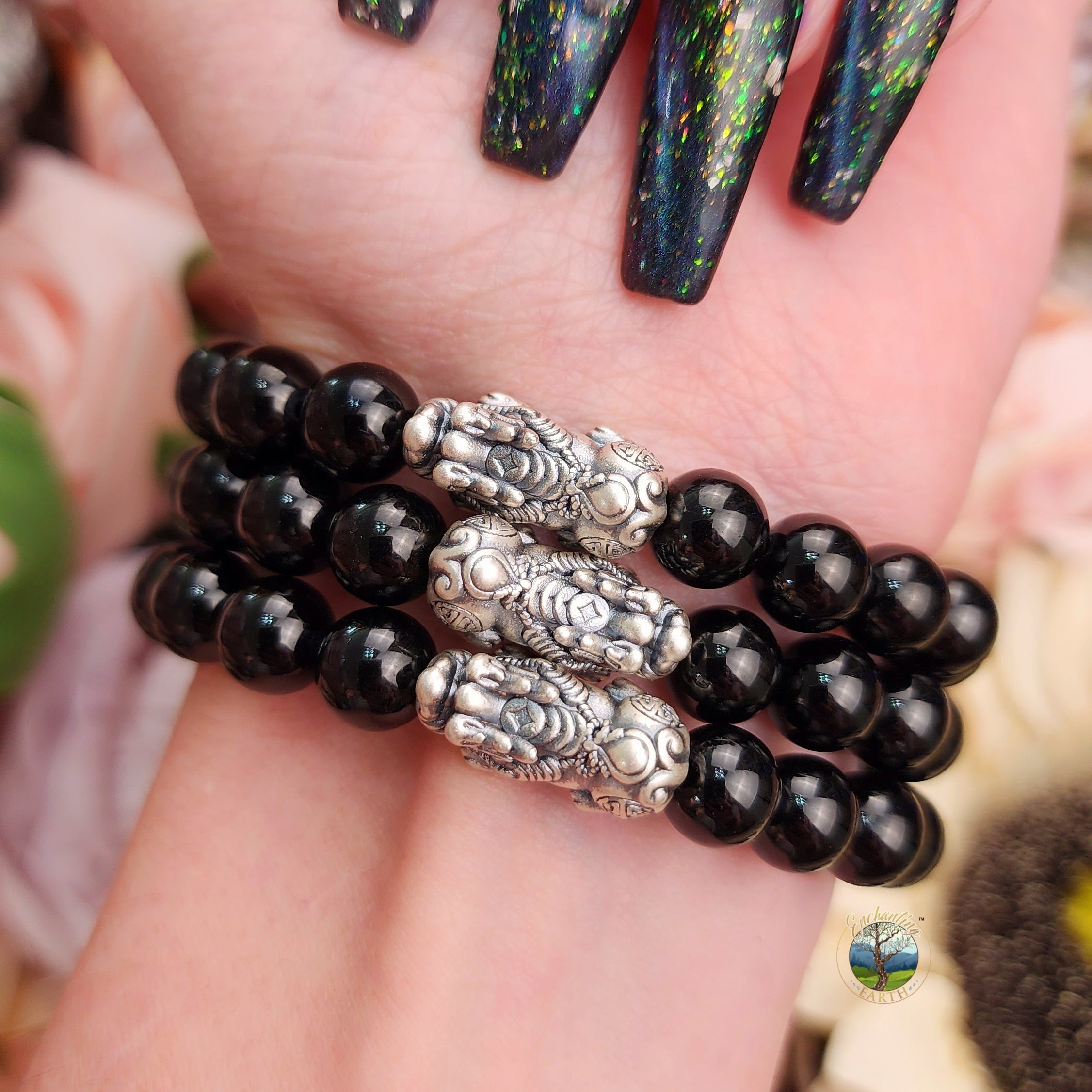 Black Tourmaline Silver Pixiu Bracelet for Good Luck, Protection and Wealth