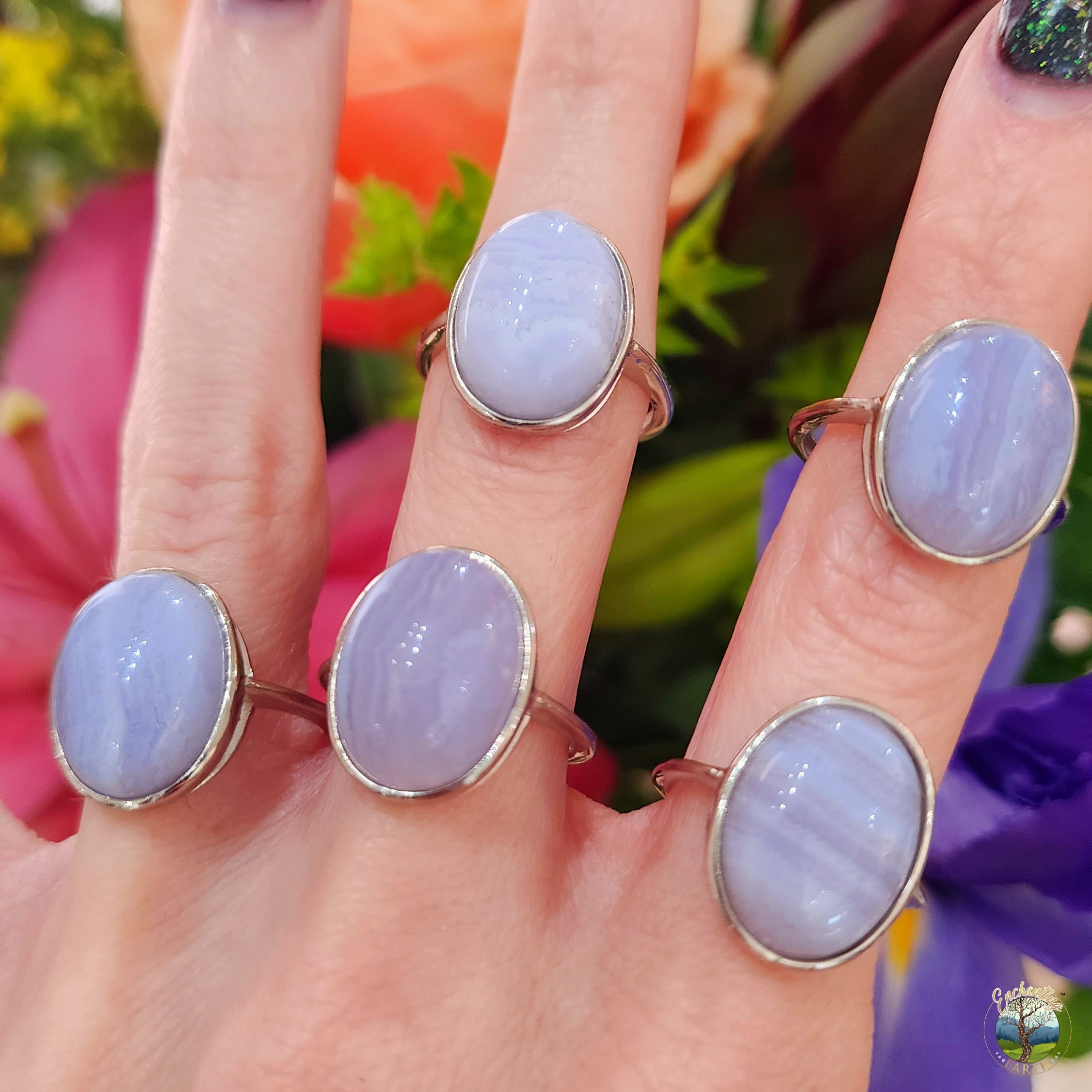Blue Lace Agate Adjustable Ring .925 Silver for Soothing Emotions and Improving Communication