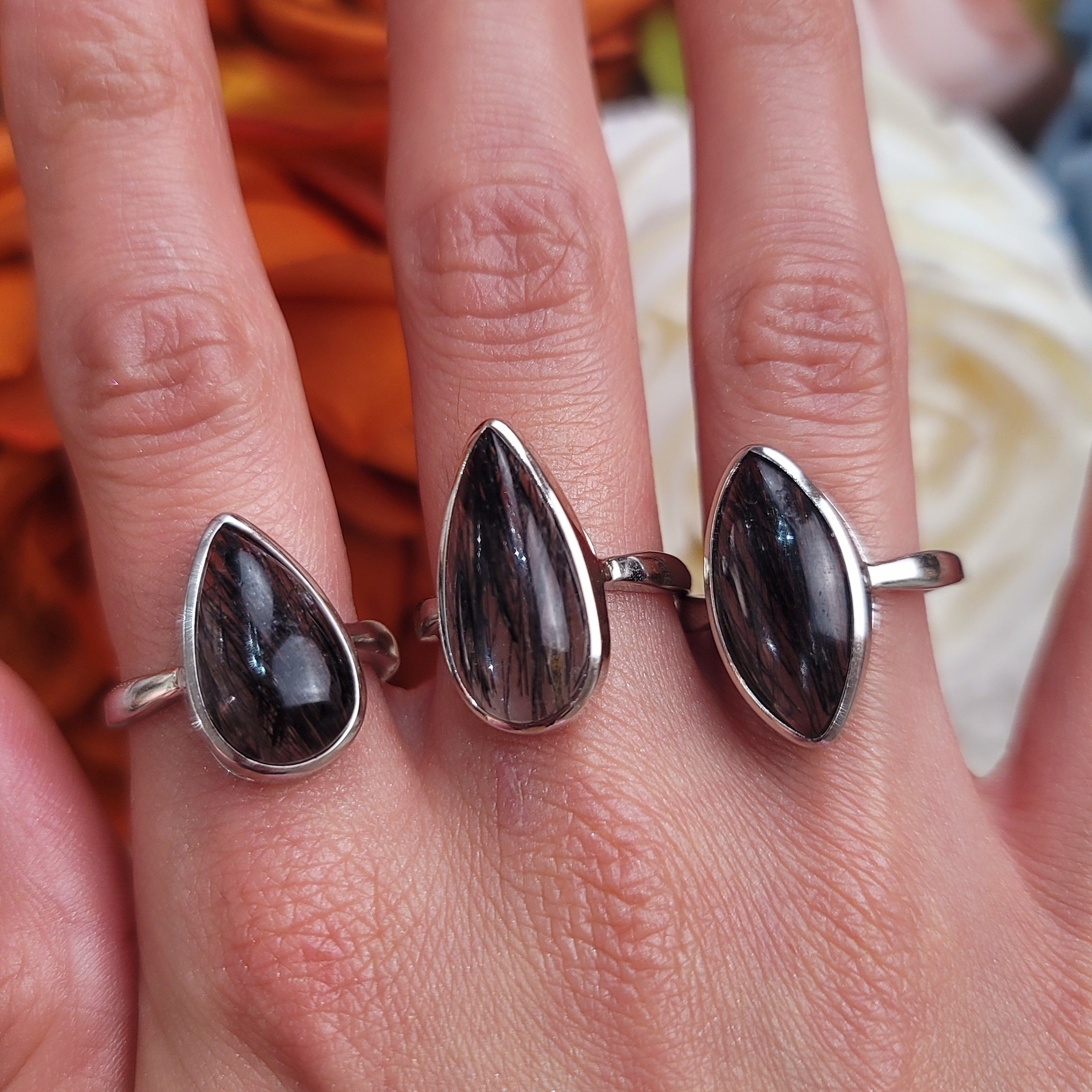 Black Tourmaline in Quartz Adjustable Ring .925 Silver for Amplified Protection