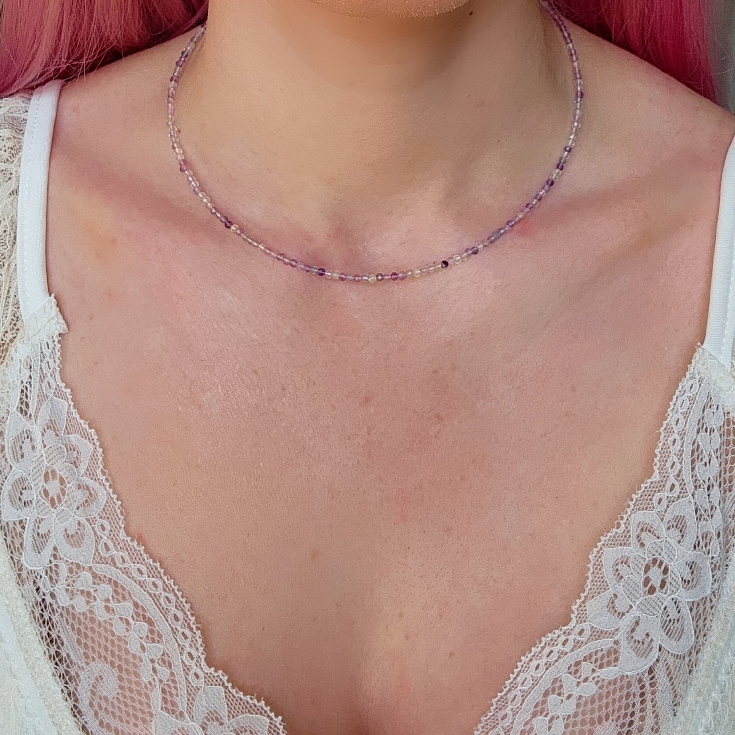 Rainbow Fluorite Micro Faceted Choker/Layering Necklace for Clarity, Focus and Memorization